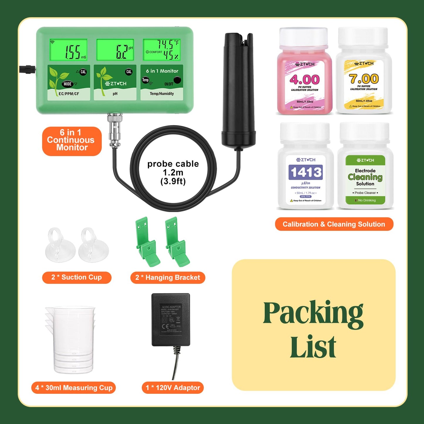 EZTOCH pH EC Continuous Monitor for Hydroponic, 6 in 1 WiFi EC PPM CF pH Meter, Digital pH TDS Temp Humidity Conductivity Monitor for DWC Hydroponic System, Aeroponic Gardening, Aquaponic