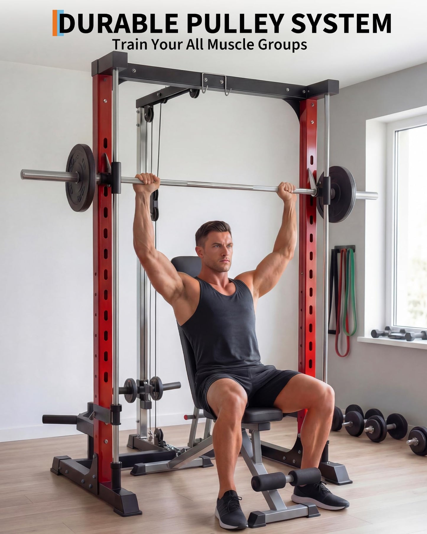 Garvee Smith Machine, 1000LBS Multi-Functional Smith Machine Home Gym, Squat Rack with LAT-Pull Down System, Power Rack with Barbell Bar, Power Cage with Attachments Full Body Training, Black/Red
