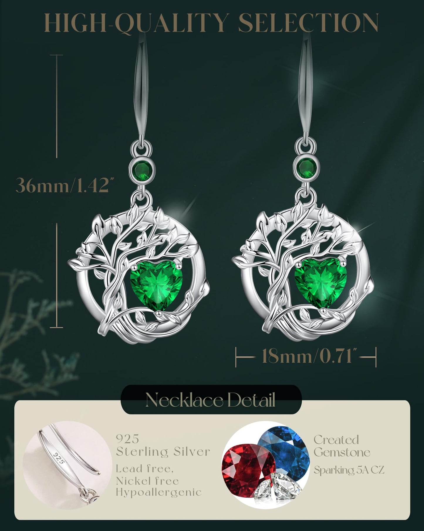 FANCIME Tree of Life Earrings 925 Sterling Silver Dainty Green Emerald Dangle Drop Gemstone Earring May Birthstone Fine Jewelry Birthday Mothers Day Gifts for Mom Her Women