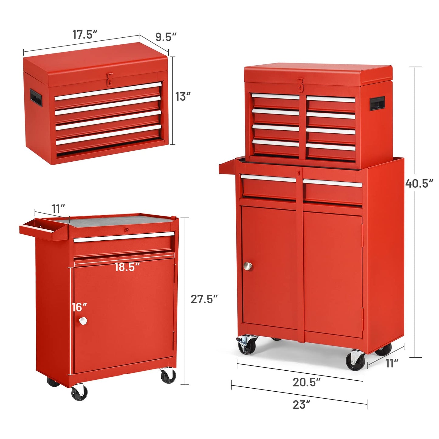 ERGOMASTER Tool Chest Heavy Duty Rolling Tool Box with Cabinet 5-Drawer for Lockable & Removable Cabinet for Garage and Workshop - 5-Drawer &Red