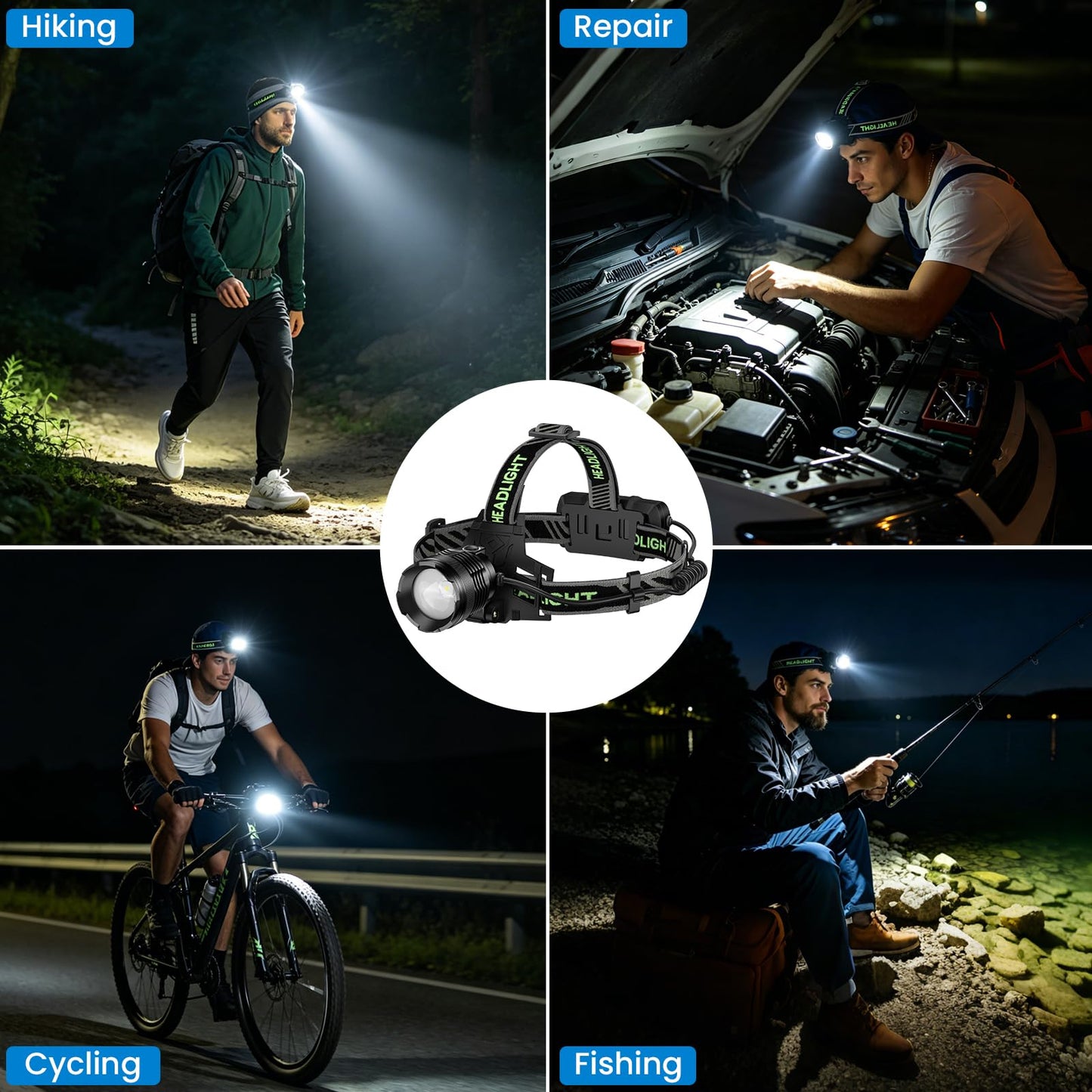 Kungf Rechargeable Headlamp 3 Pack, 99,000 Lumens Super Bright Head Lamp with 3 Modes, 90° Adjustable LED Head Light for Forehead, IPX6 Waterproof Headlamps for Adults,Camping,Hiking