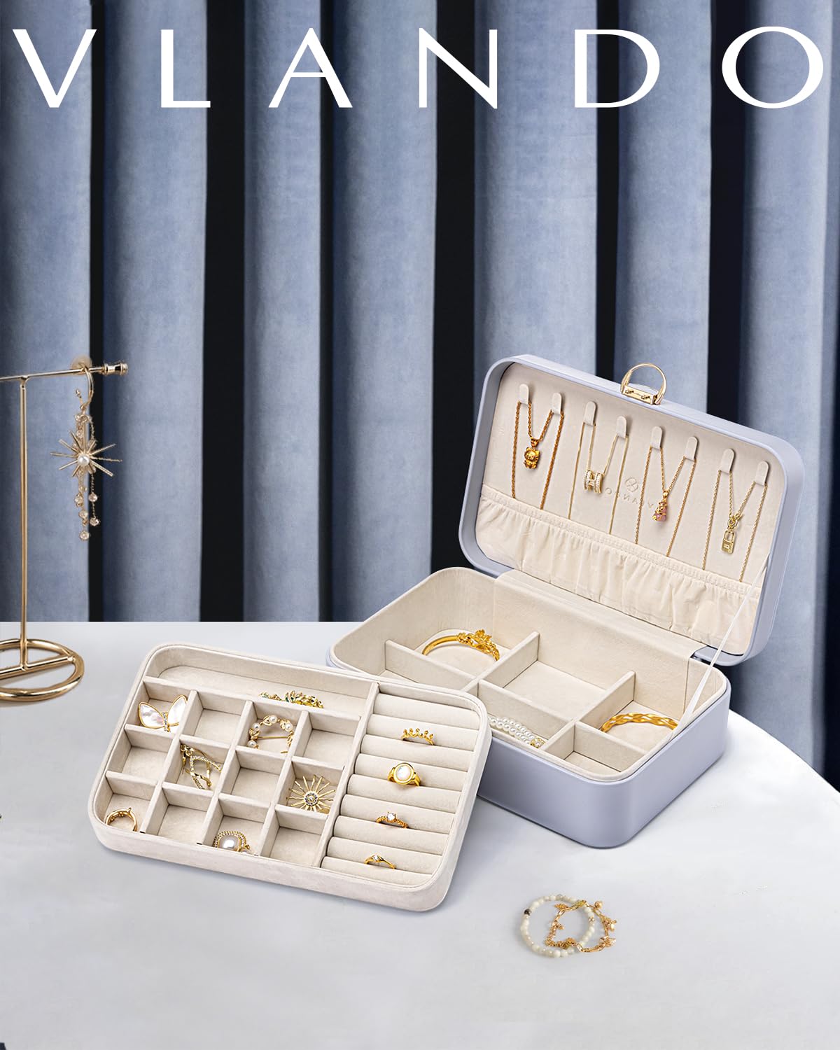 Vlando Jewelry Box Organizer for Girl,Faux Leather Lockable Jewelry Holder Organzier Case Boxes with 2 Layers,Earrings Necklace,Rings Storage,Wedding Warm Gifts Purple