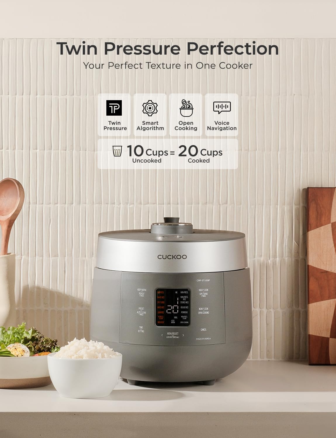 CUCKOO Twin Pressure Rice Cooker 10-Cup Uncooked / 20-Cup Cooked with Nonstick Inner Pot, Large Rice Maker & Warmer with 16 Menu Options, Open Cooking Mode, Voice Guide, Gray (CRP-ST1009FG)