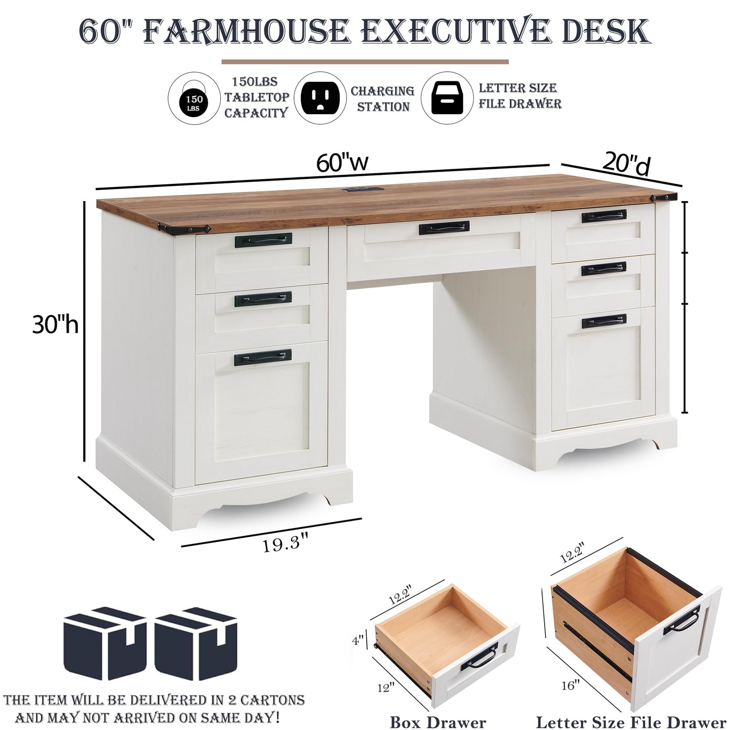 RedLemon 60" Farmhouse Executive Desk with Drawers, Wood Home Office Desk w/Charging Station, Keyboard Tray, File Drawer, Storage Cabinet, Rustic Computer Writing Desk (Antique White)
