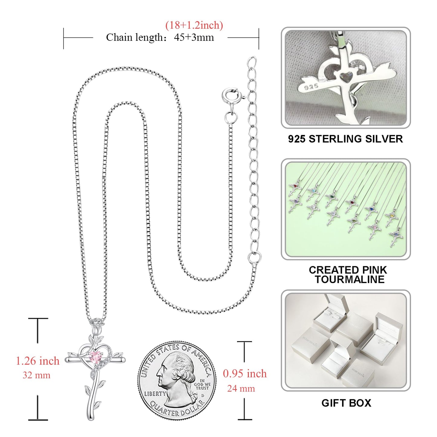 STARCHENIE Rose Cross Necklace 925 Sterling Silver Heart Crucifix Pendant Created Pink Tourmaline Jewelry for Women