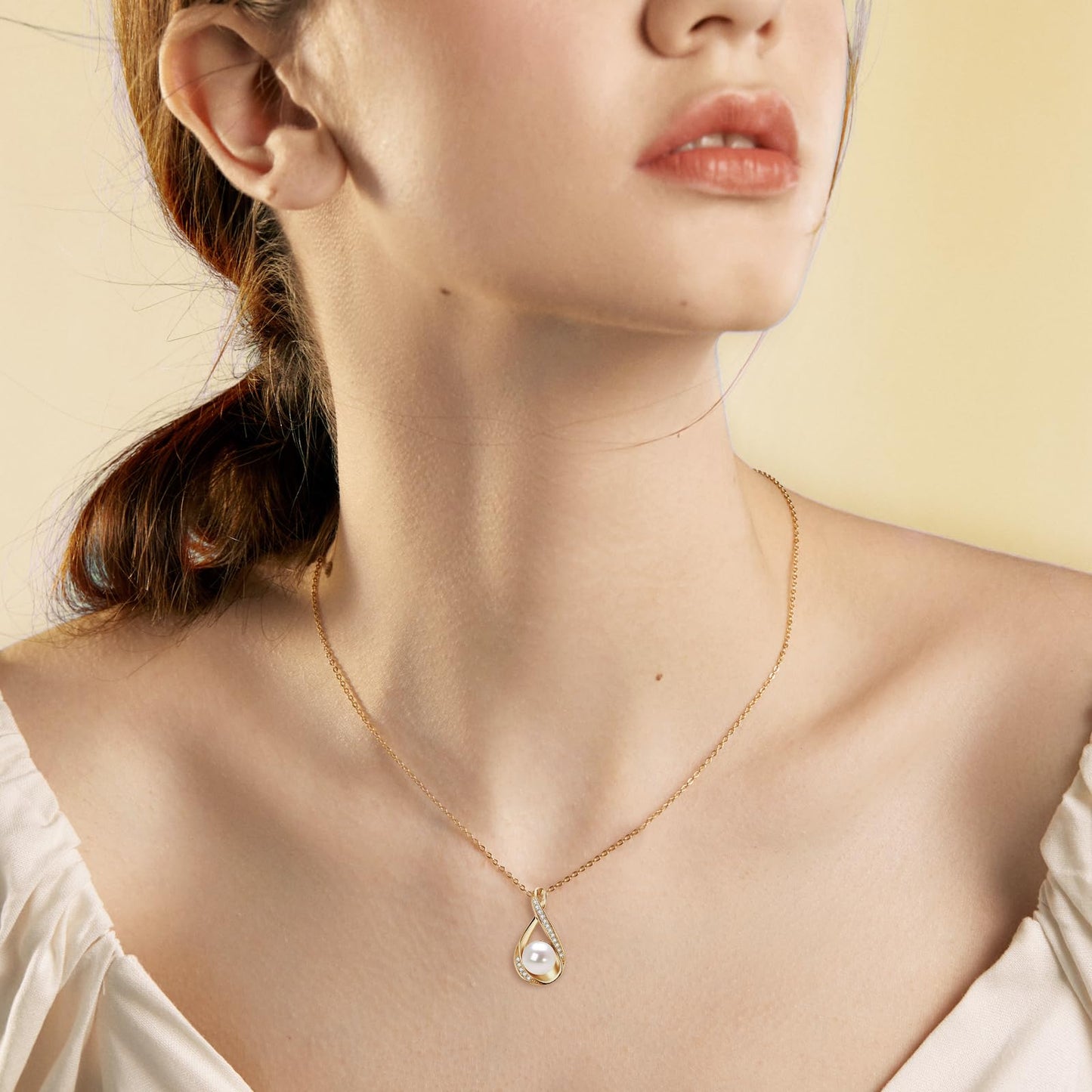 Pearl Necklace for Women, Freshwater Cultured Dainty Gold Plated Single Pearl Pendant Necklace with Moissanite Wedding Jewelry Gift for Bride Bridesmaid (8mm)