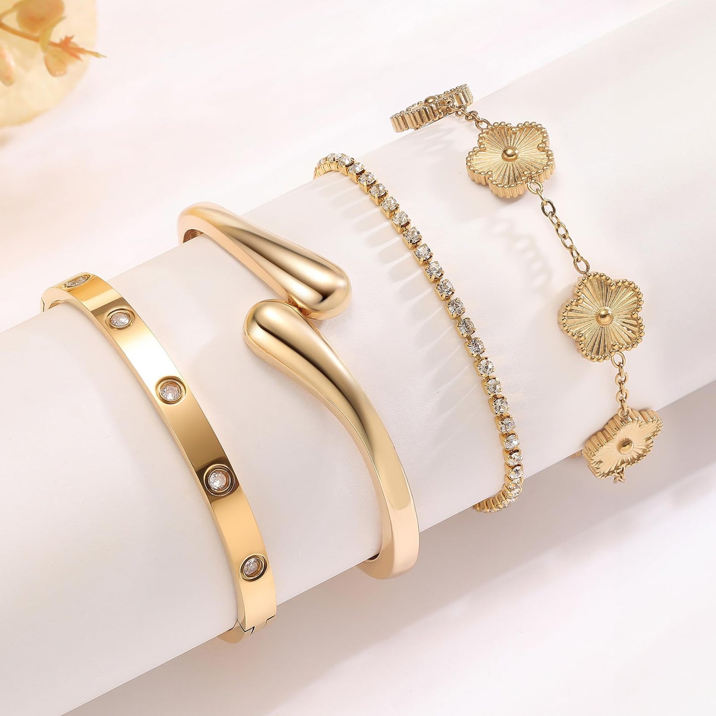 Mothers Day Gifts for Mom 18K Gold-Plated Bracelet Set – Floral Clover, Tennis, Chunky Adjustable Twist Cuff, Classic Gold-plated Bangle Stainless Steel, Non Tarnish, Stackable Bracelet Gift for Women