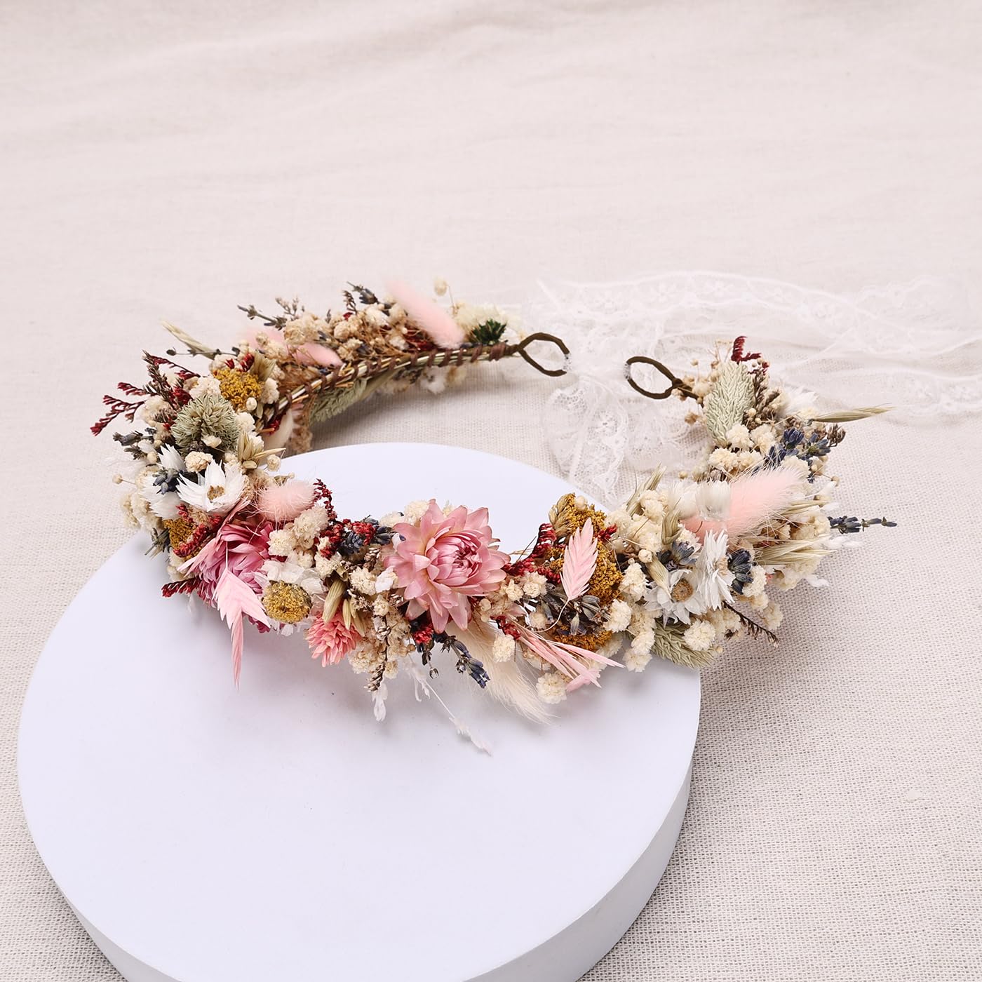 PoshMyra Handcrafted Dried Flower Crown, Natural Preserved Daisy Wreath Headband in Cream and Pink, Rustic Wedding Hair Garland for Kids and Flower Girls
