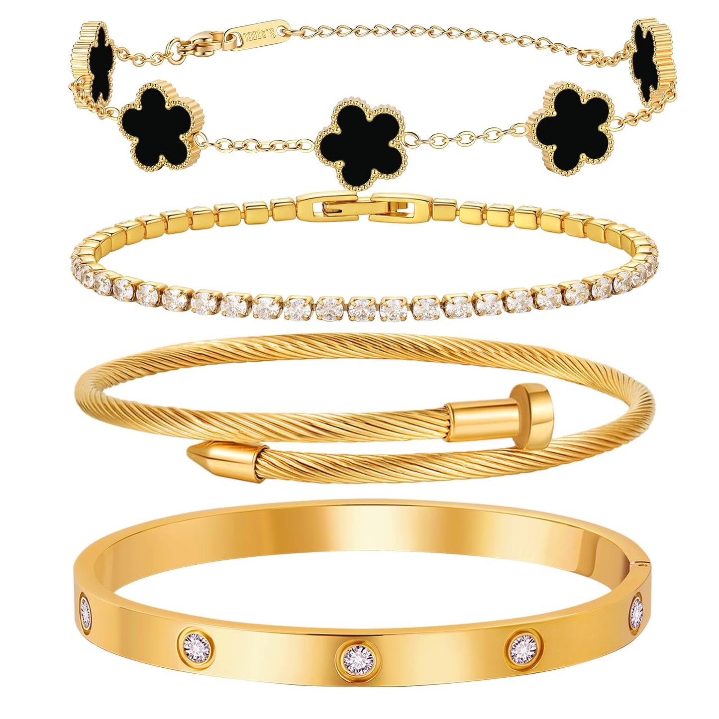 MVCOLEDY 18 K Gold Plated Love Bracelet Stack for Women 4-Piece Bracelet with Synthetic Shell Floral Clover Chain, Tennis Chain and Crystal Gold Bangle, Love Bracelet Design Gift Jewelry for Valentines Mother's Day (Black)