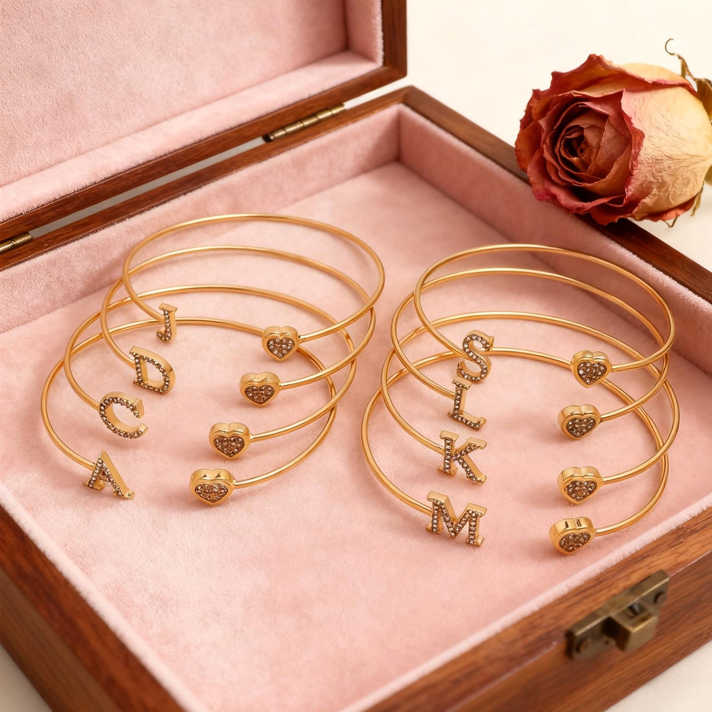 BXDA Trendy Gold Plated Heart Initial K Cuff Bangle Bracelet for Women, Handmade Statement Cubic Zirconia Stackable Open Letter Bracelets Fashion Jewelry Accessories Gift