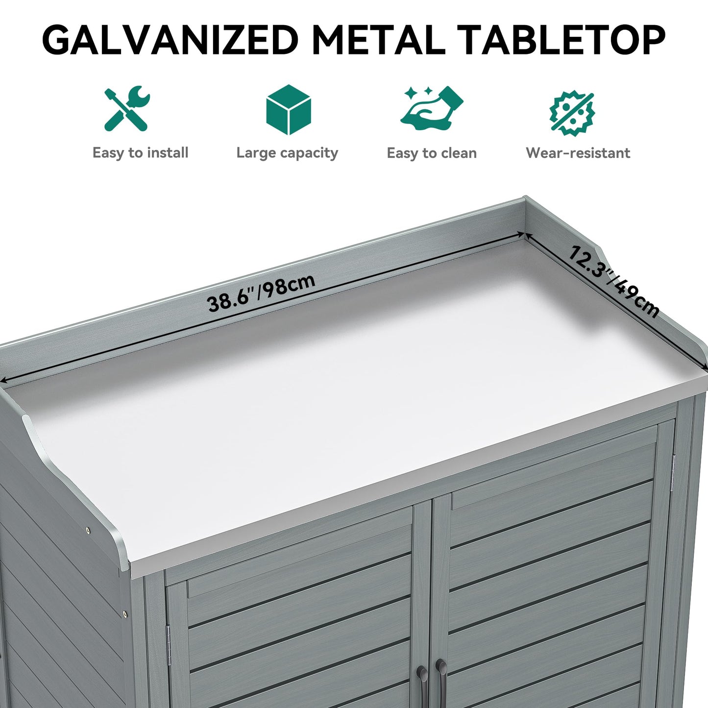 YITAHOME Outdoor Garden Potting Bench with Storage Cabinet, Metal Tabletop & Removable Shelf, Wooden Planting Workstation for Patio, Garden, Yard (Grey)