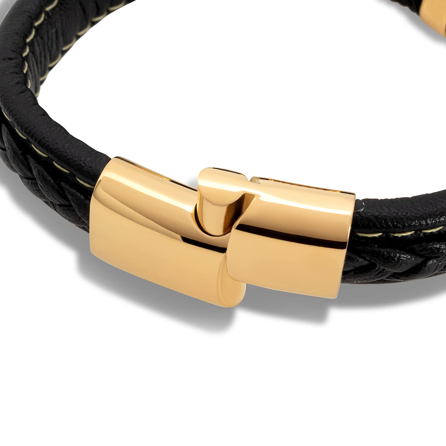 SERASAR Pulseras para hombre 23cm Oro, Caja de regalo, Piel vaca genuina trenzada, Cierre magnetico ajustable, Envoltura multicapa, Joyero, Cuerda hombre, Accesorios joyeria
