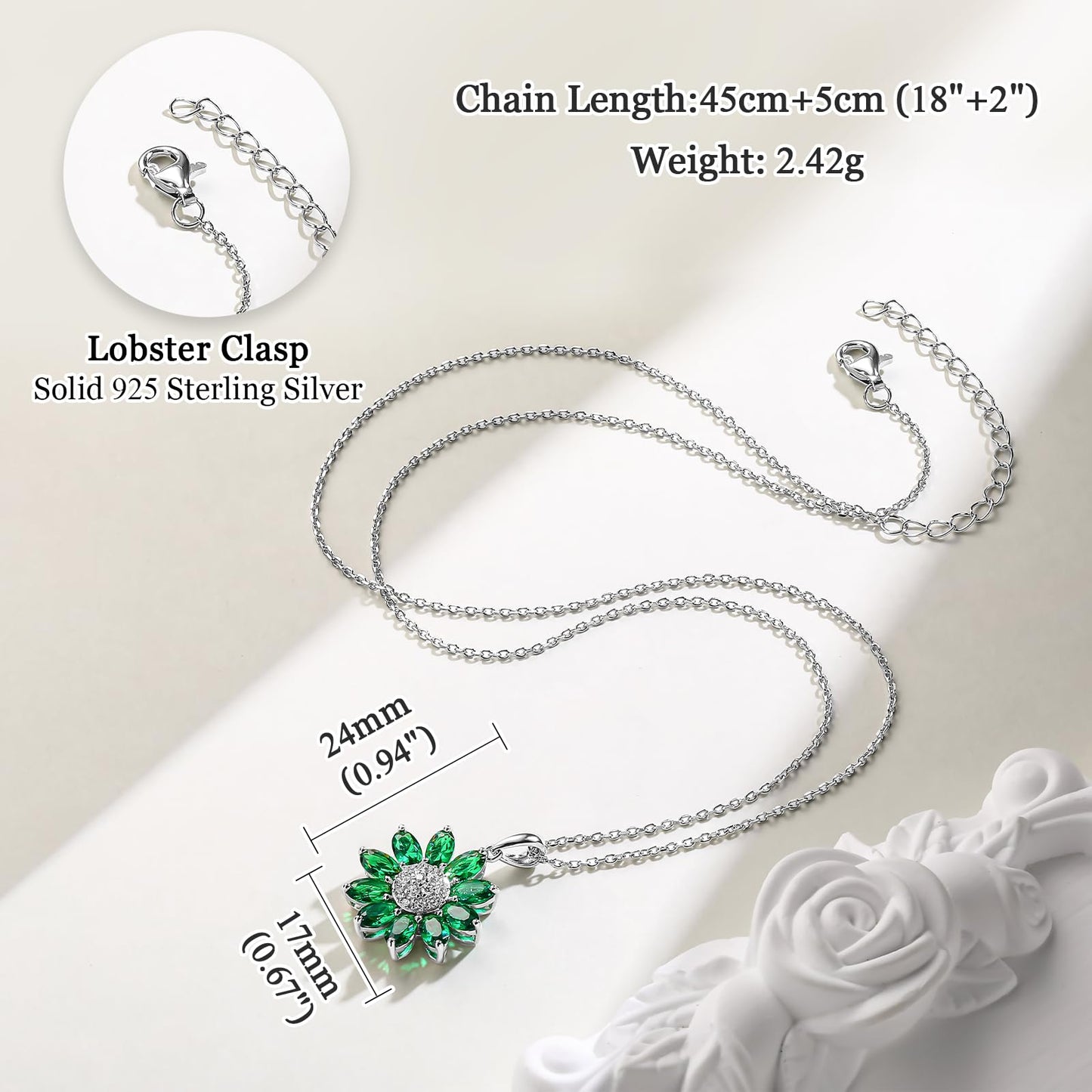 RANDES Emerald Sunflower Necklaces for Women Sterling Silver May Birthstone Necklace Dainty Green Stone Flower Pendant Necklace