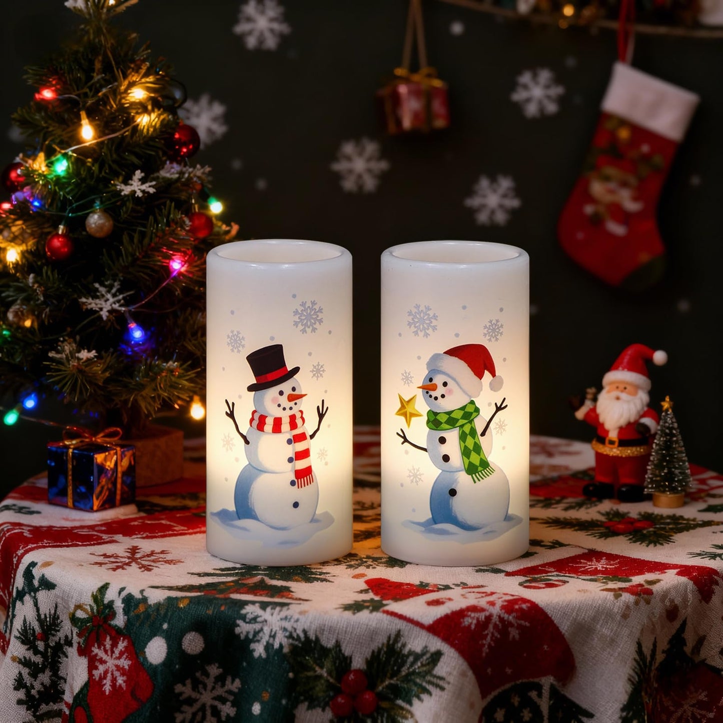 Eldnacele Christmas Snowman Flameless Candles Battery Operated with Remote and Timer Real Wax Flickering LED Pillar Candles Xmas Holiday Indoor Decor(2 Pack, 3" D x 6"" H)"