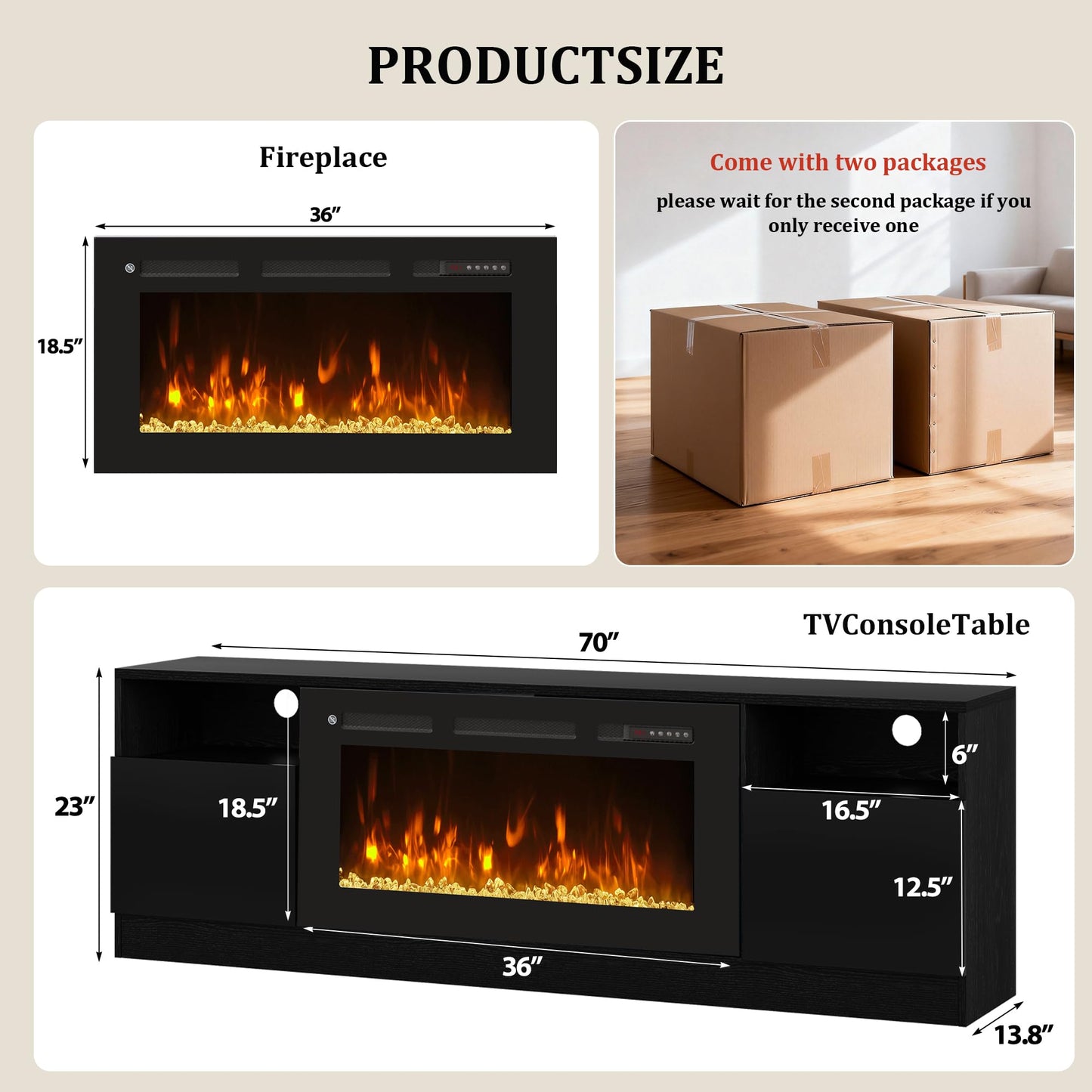 OneBlis 70" Fireplace TV Stand for TVs Up to 80",Entertainment Center with 36” Electric Fireplace and 12 Colors LED Lights,Large TV Console with Storage Cabinet for Living Room,All Black