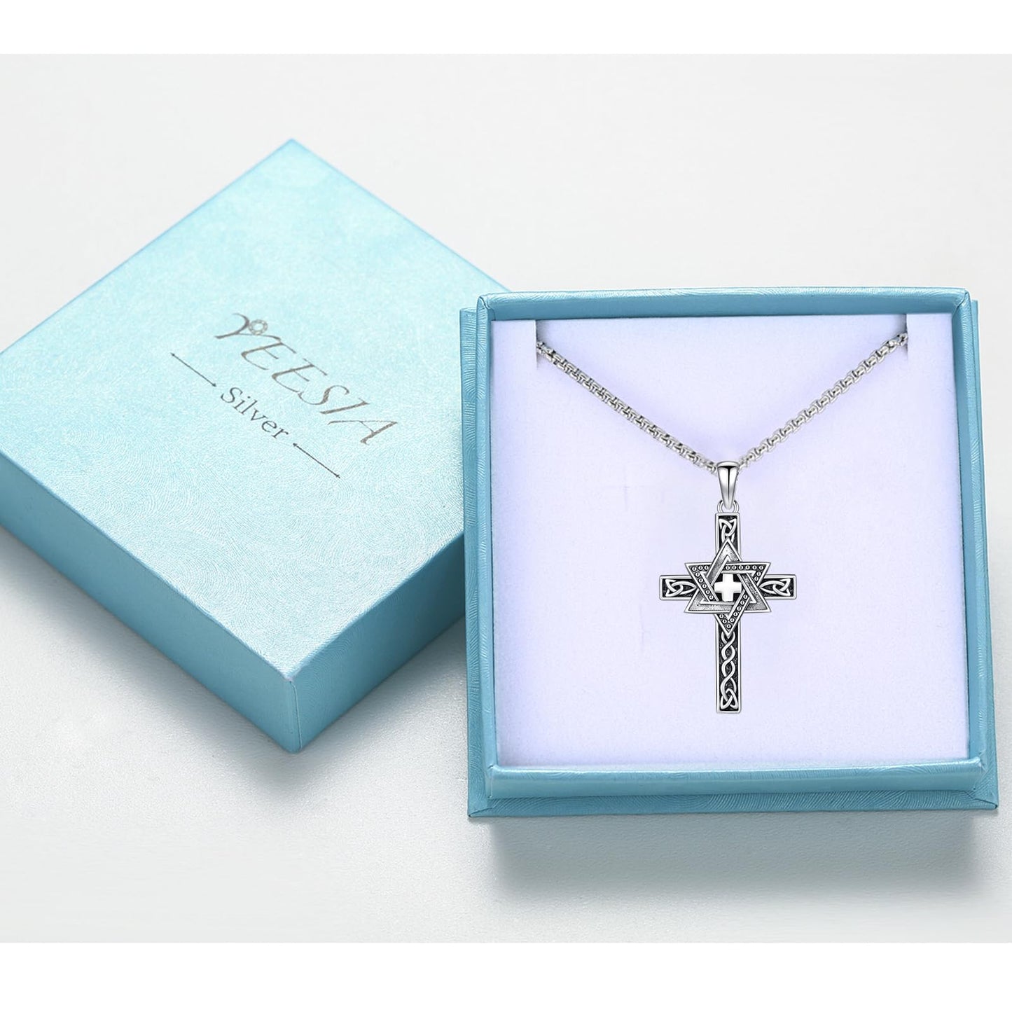 YEESIA Star of David Necklace 925 Sterling Silver Celtic Cross Necklace Jewish Star Cross Pendant Necklaces Celtic Star of David Star Jewelry Valentines Day Gifts for Men Women