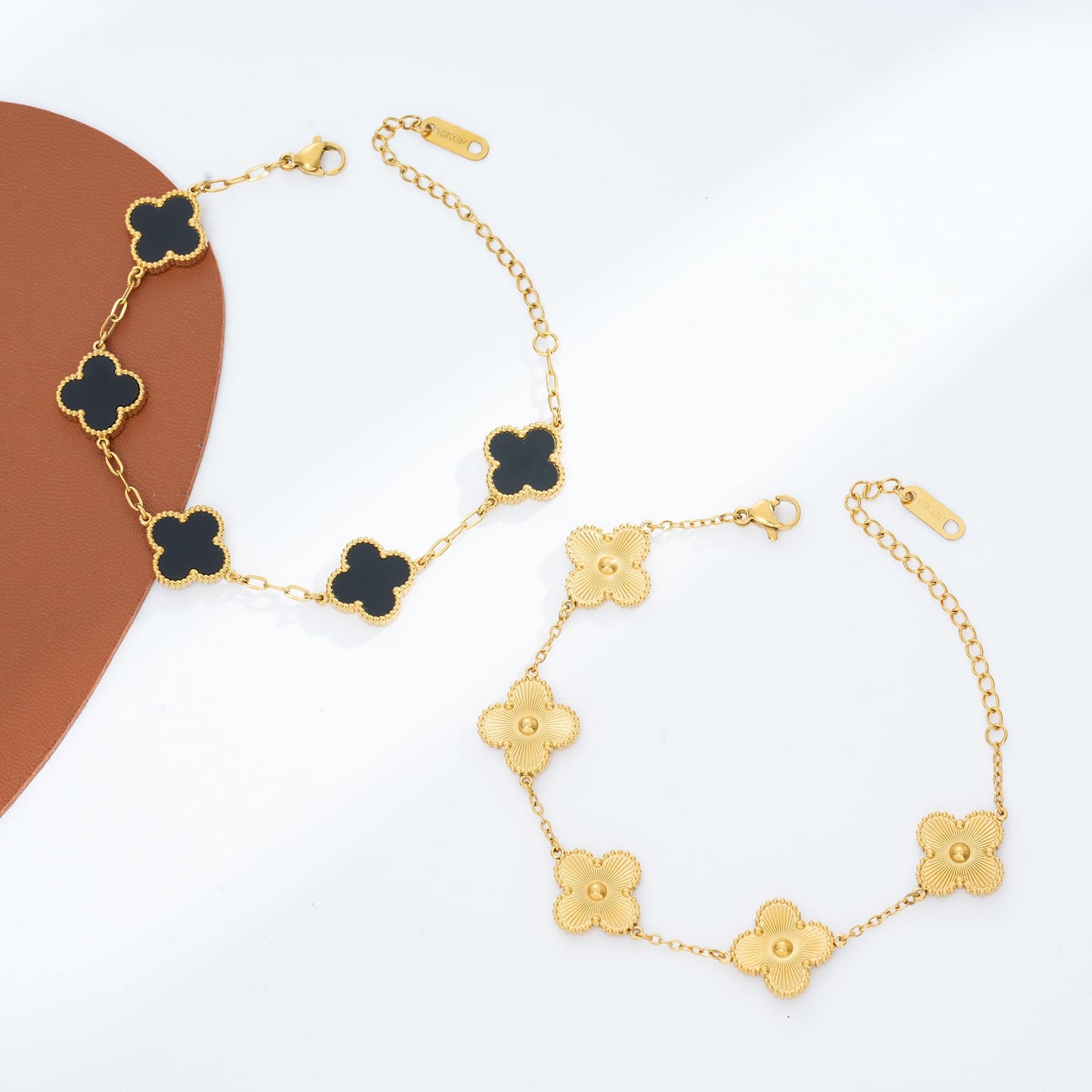 Acicihenn Waterproof Four-Leaf Clover Bracelet,Adjustable Link Double Sided Jewelry, Lovely Fashion Jewelry Gift for Women Gold Bracelet +Black Bracelet