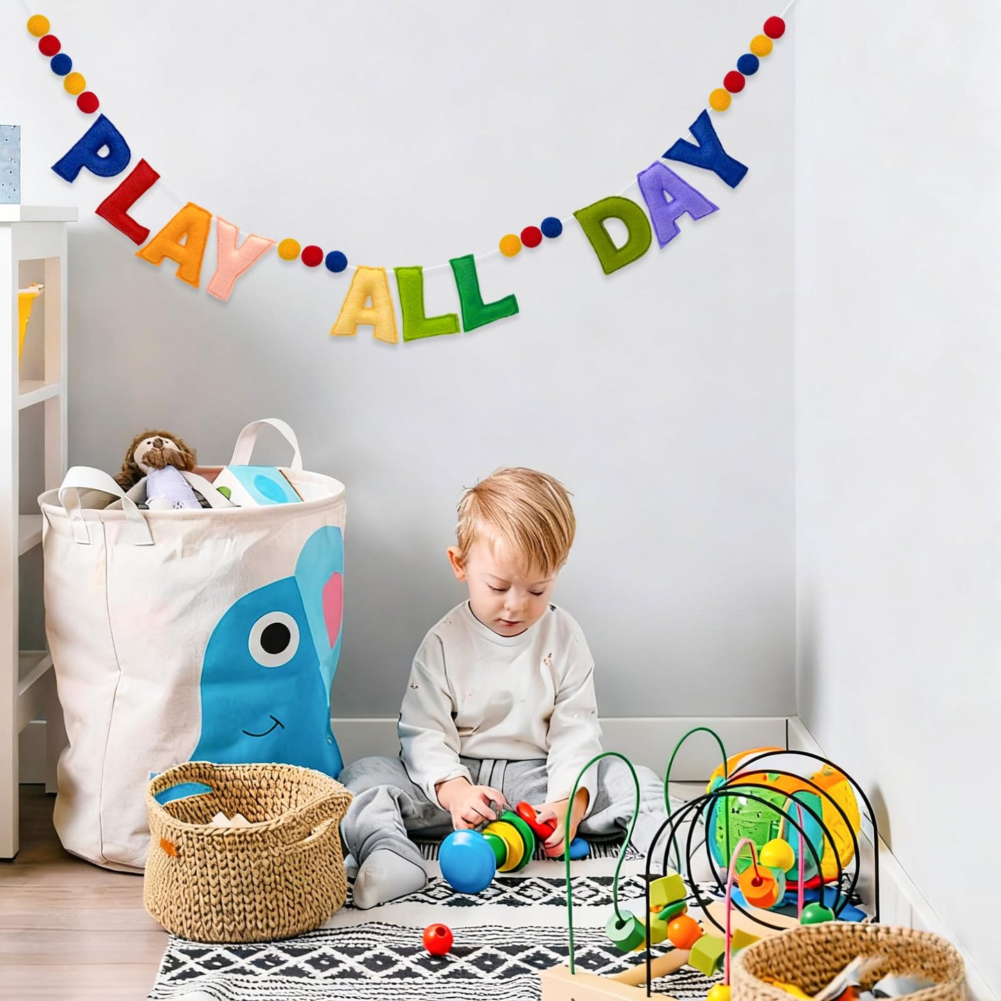 Pre-Strung Retro Play All Day Felt Banner Reusable Play Sign Play All Day Wall Hanging Felt Garland for Kids Nursery Playroom Wall Decor Boys Girls Playhouse Decor Toy Room Classroom Decoration