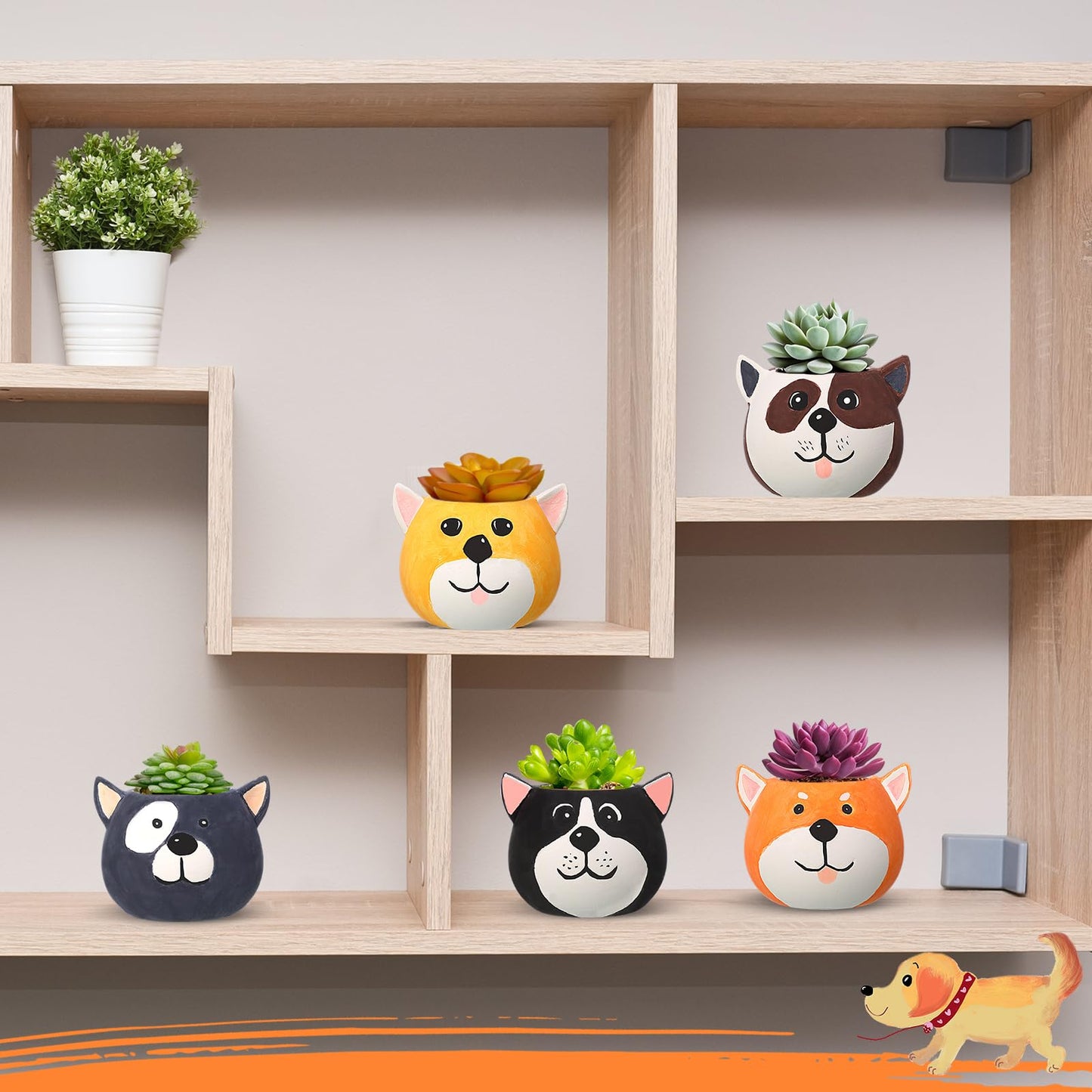 Pasimy 6 Set Ceramics to Paint DIY Ceramic Succulent Planter Pots Paint Your Own Flower Pots Craft Kit Unpainted Bisque Flowerpot with Brush Palette for Family Activity Holiday Gifts(Dog)