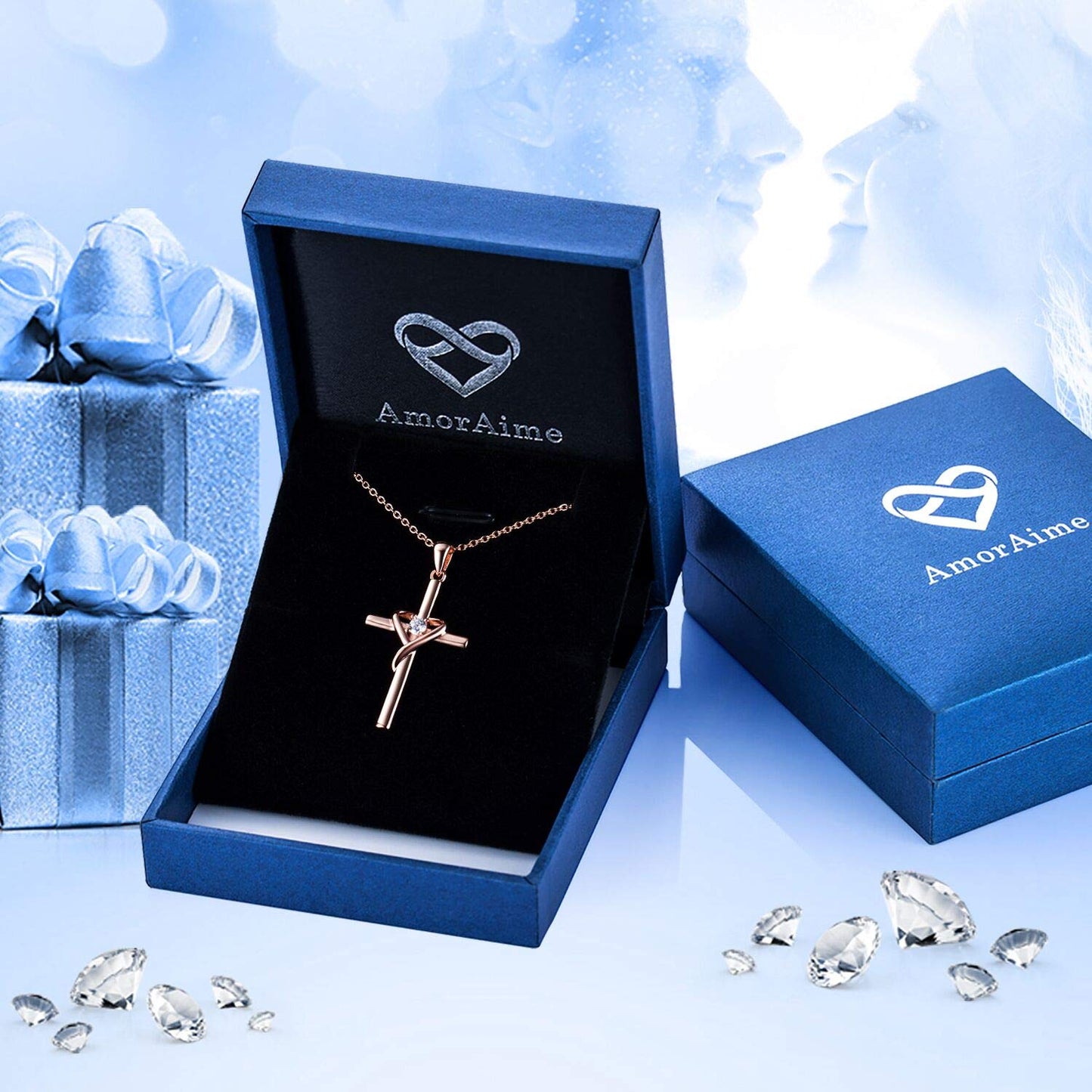 AmorAime 925 Sterling Silver Cross Necklace for Women Men 14K Gold Plated 5A CZ Birthstone Necklaces for Holiday (M-Rose Gold)