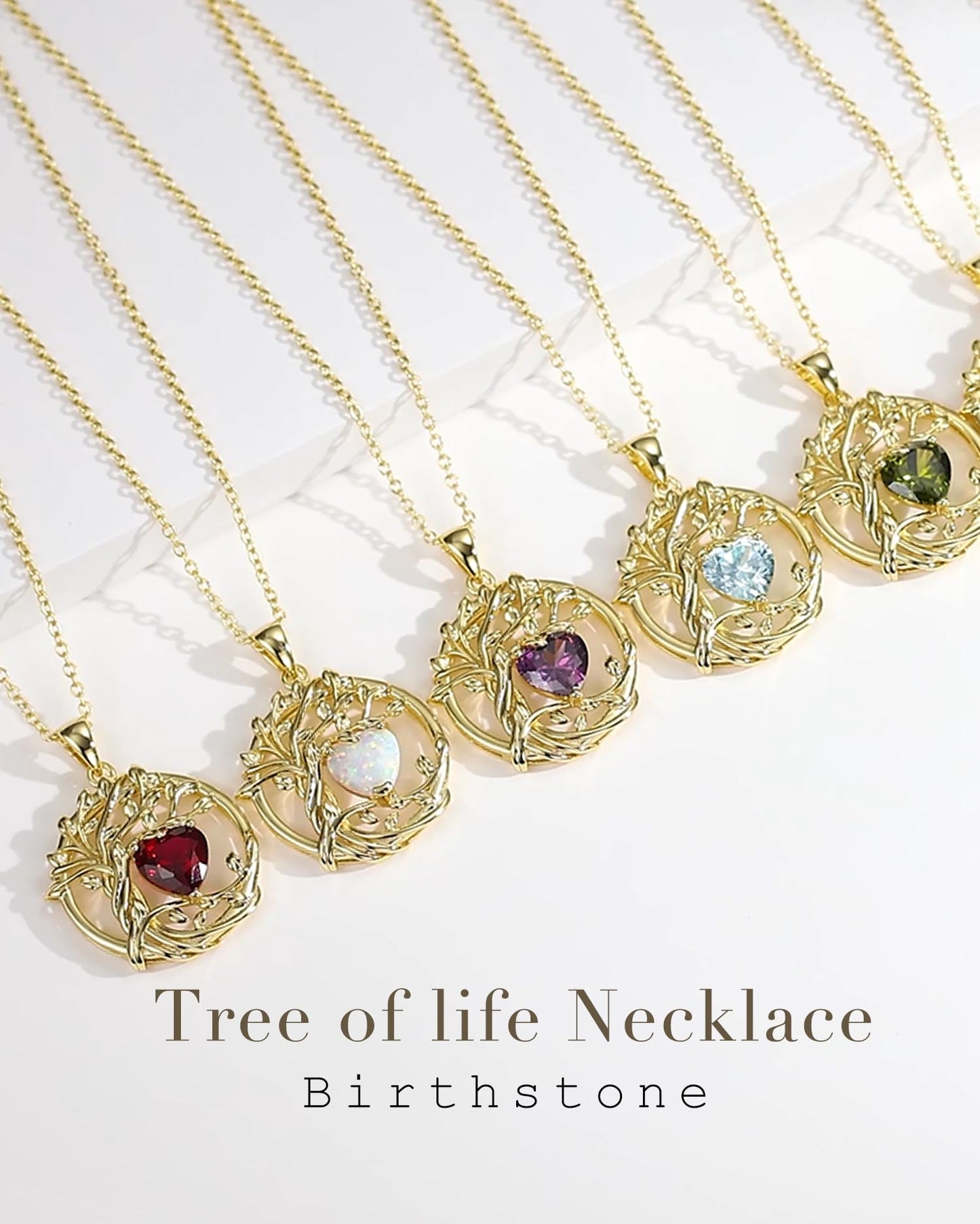 FANCIME Tree of life Birthstone Necklace for Women Sterling Silver Yellow Gold Plated Opal Pendant October Birthstone Gemstone Anniversary Birthday Mothers Day Gifts for Mom Her
