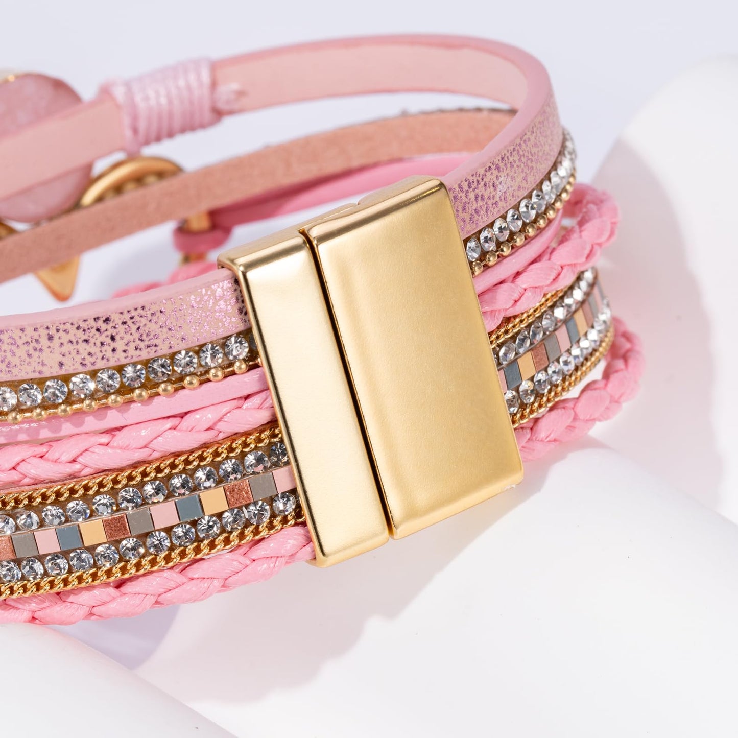 Becklynn Boho Leather Wrap Bracelets Beaded Crystal Stackable Cuff Bracelet with Magnetic Clasp Cowboy Cowgirl County Concert Outfits Western Jewelry Gifts for Women(Heart Pink)