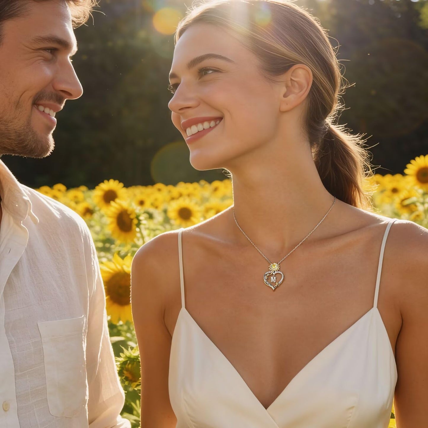 MONOOC Sunflower Gifts for Women - 14K-White-Gold-Plated Sunflower Initial Necklaces for Woman Heart Initial Letter D Necklace, Anniversary Birthday Gifts for Women Wife Mom Jewelry Gift