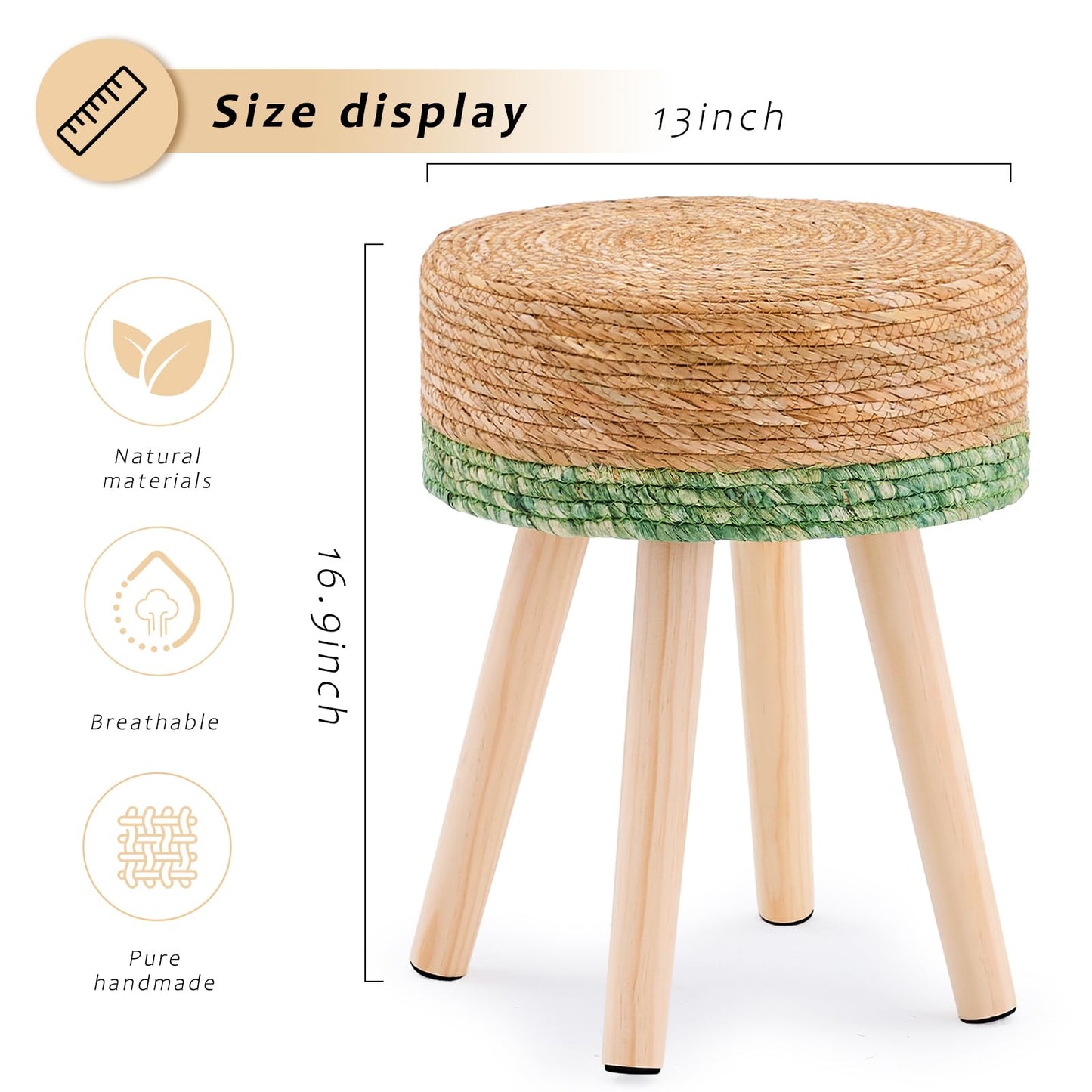 LGENHOOM Handwoven Outdoor Ottoman, Water Hyacinth Pouf Round Patio Footstool with Wood Legs, 17-Inch Multipurpose Vanity Stool, Dining Chair, Patio Footrest for Balcony and Garden, Green
