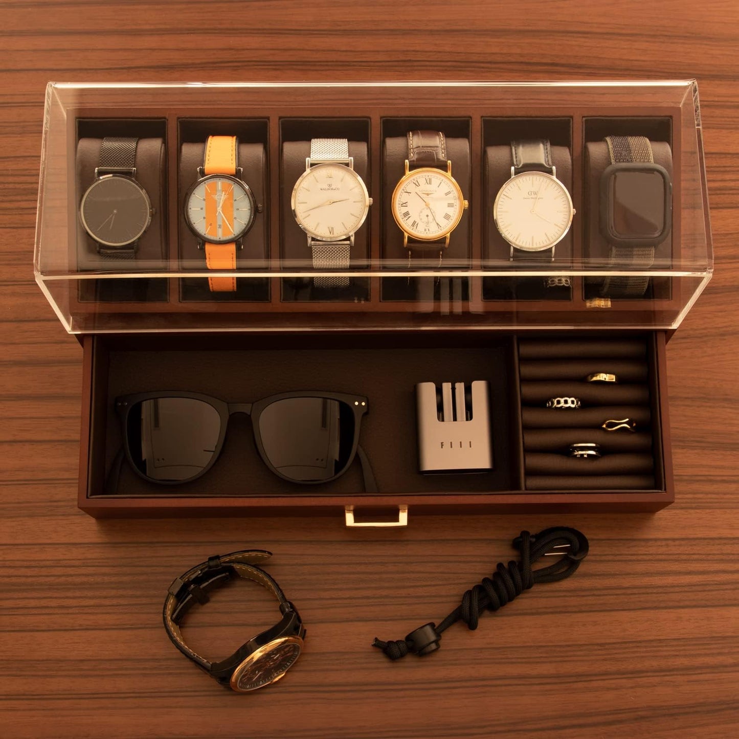 KAMIER High End Wooden Watch Box with 6 Slots & Glass Lid - 2-Layer Jewelry Organizer for Men - Watch Display Case, Ideal Business Gift for Watch Enthusiasts (with Gift Box), Walnut