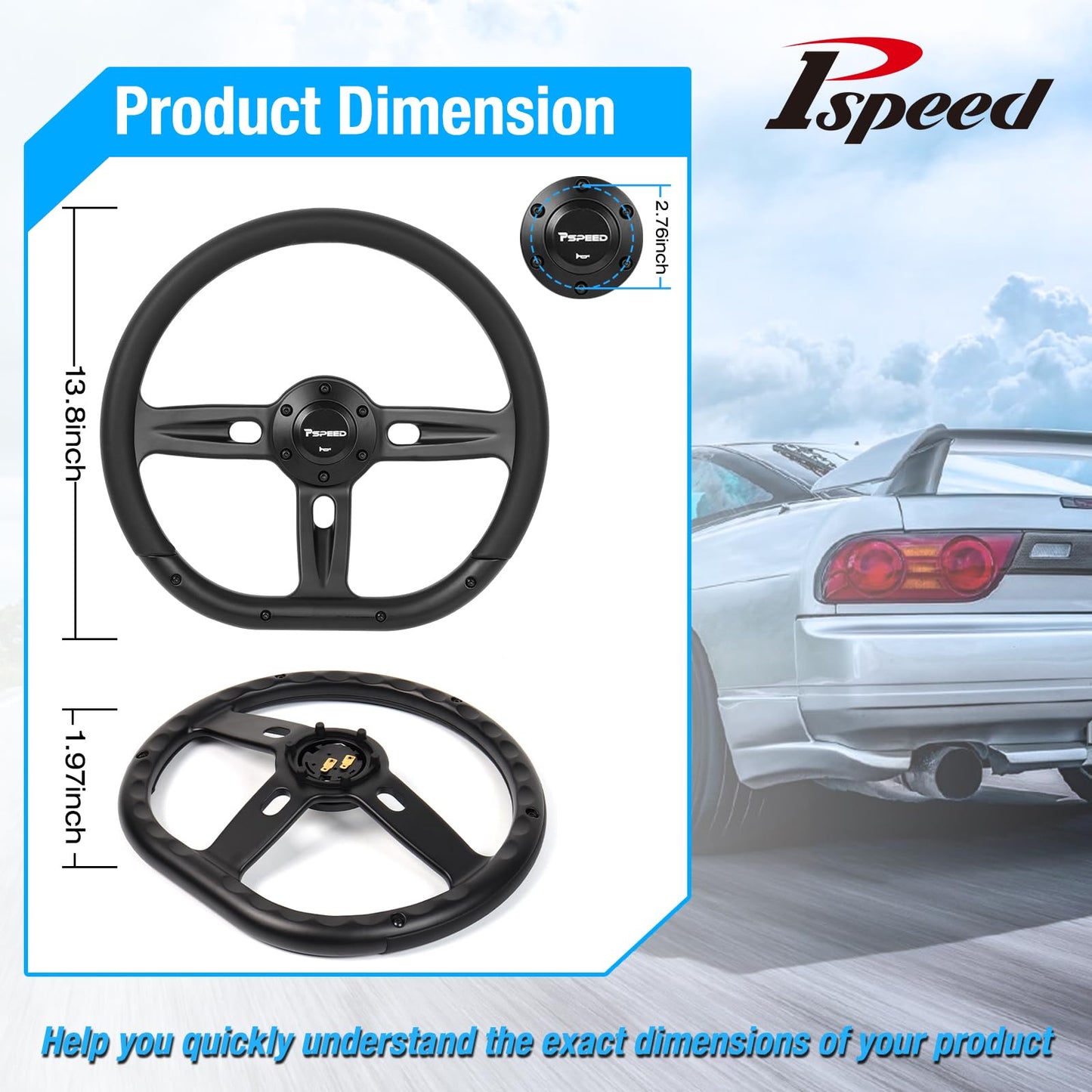 Pspeed 14 inch Universal steering wheel, D-shaped,6 Bolt 3 Spokes Deep Dish 50mm with Aluminum Alloy Matte Black Spokes Black Leather Grip for Cars, for Racing Car,for Classic Car steering wheel
