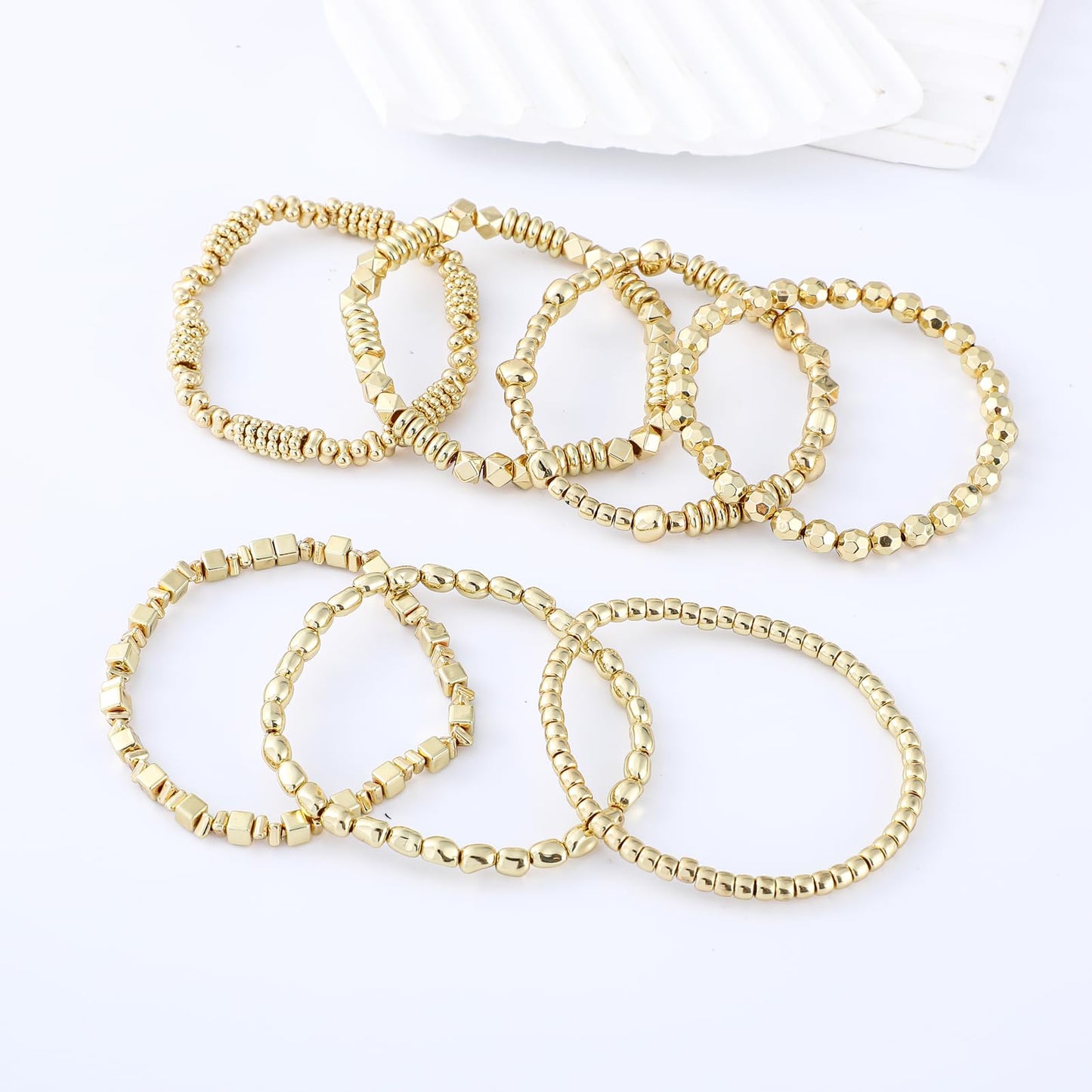 Sajidos Gold Plated Beaded Bracelets for Women Trendy, 14K Gold Plated Stack Cross Pearl Gold Plated Bead Stretch Bracelets Set Elastic Hypoallergenic Bracelets Jewelry Gifts