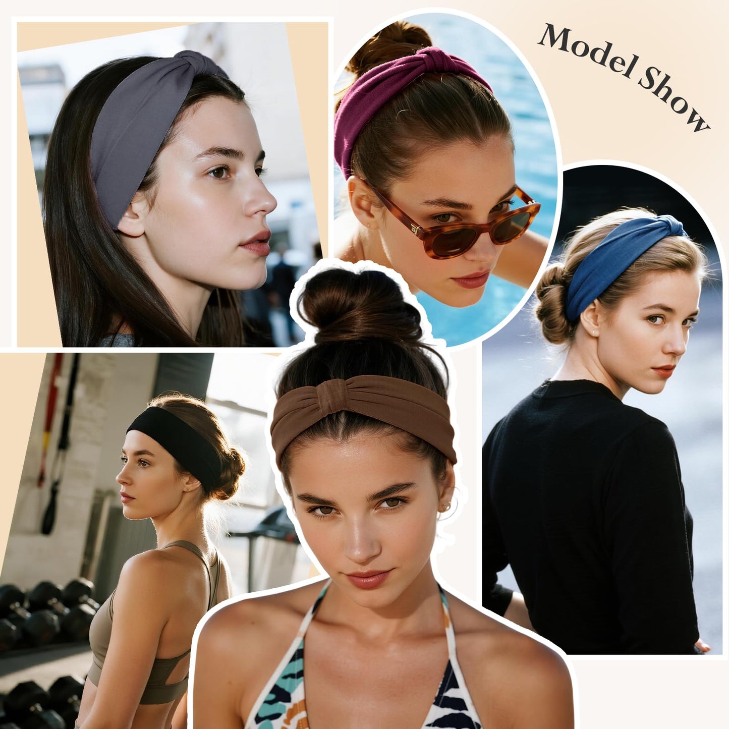 HSEM Headbands for Women, Wide Elastic Head Bands, Non-Slip Thick Hair Bands, Sports Stretchy Sweat Bands, Large Knotted Soft Headband, Gray Burgundy Green Black Coffee Navy