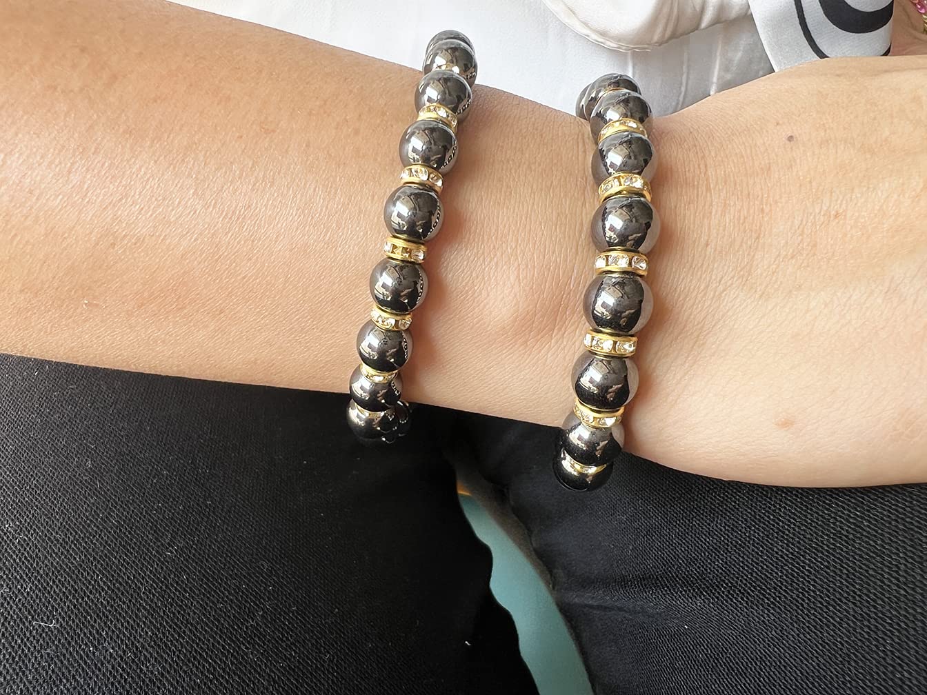 Apocalyptic-K Women's Magnetic Bracelet,Hematite Bracelets,Magnetic Bracelets With Zirconia,Handmade Stretch Bracelet,Eliminates static electricity. (Gold Zirconia,10MM)