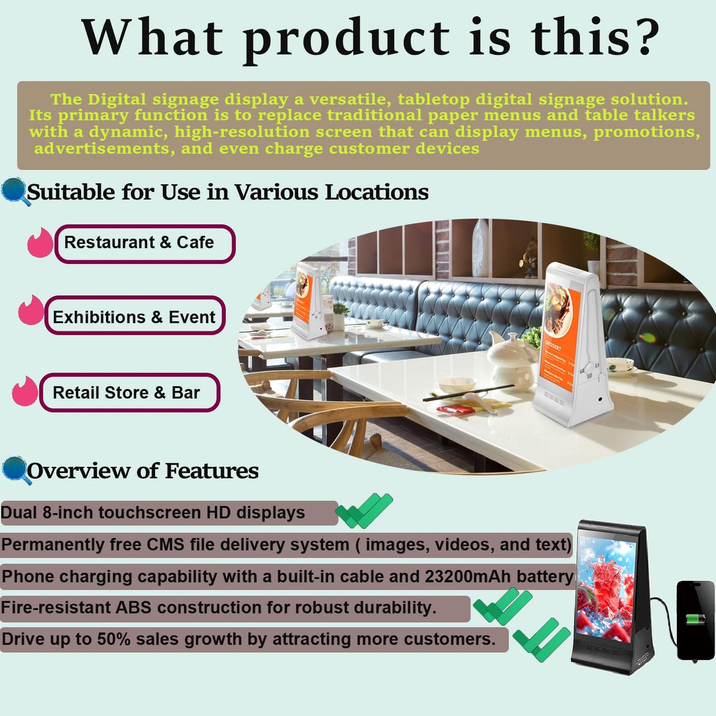 Digital Signage Display for Tabletop ,Interactive Digital Signage with Double 8 inch LCD Touch Screen and WIFI Connected,Rechargeable 23200mAh Battery,Portable Advertising Kiosk for Restaurants,Bar, Hotel ,Cafe (White)