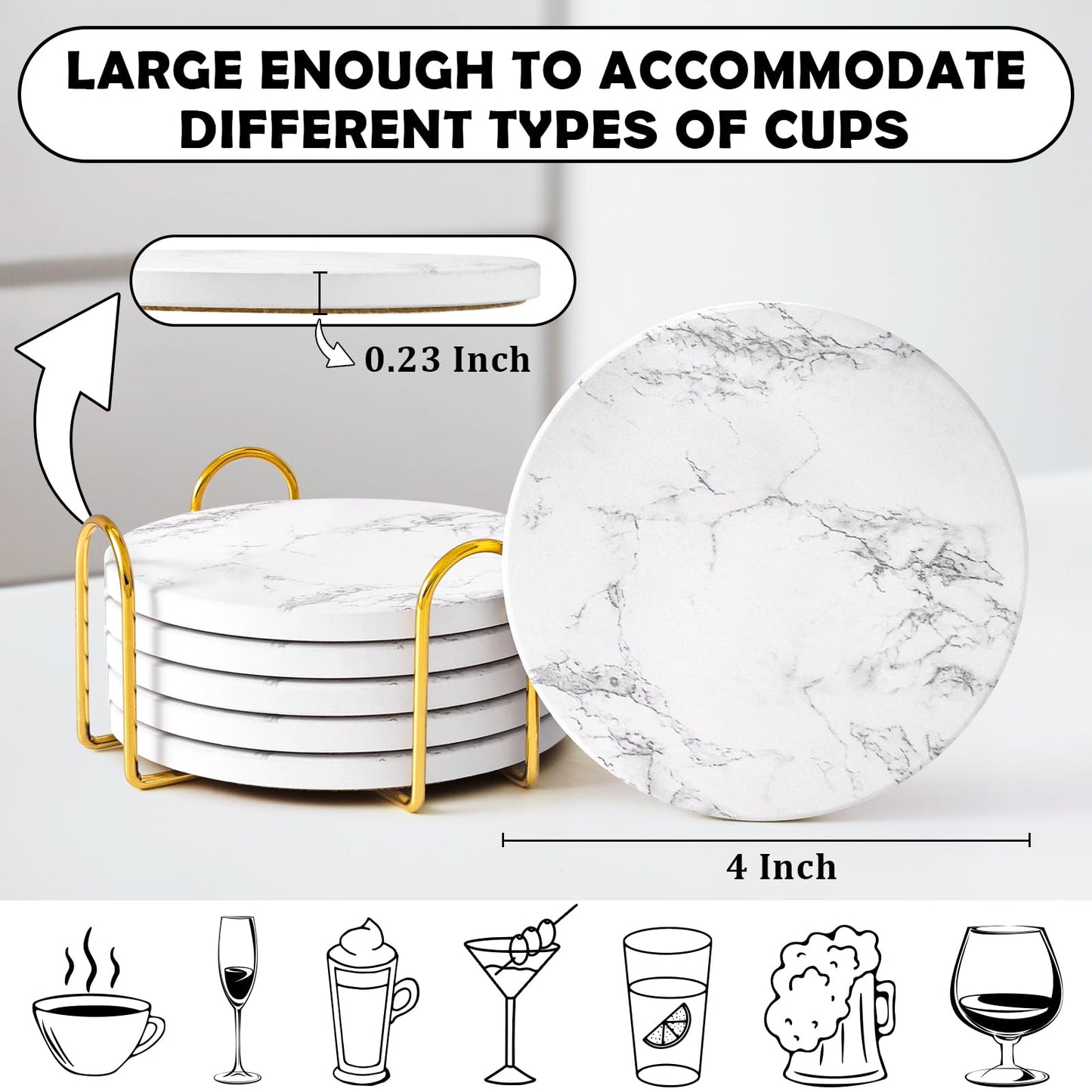 GOH DODD Coasters for Drinks Set of 6, Absorbent Marble Style Ceramic Coaster Tabletop Protection Home Decor with Metal Holder for Coffee Table, Housewarming Gifts Wedding Party, White, Round, 4 Inch
