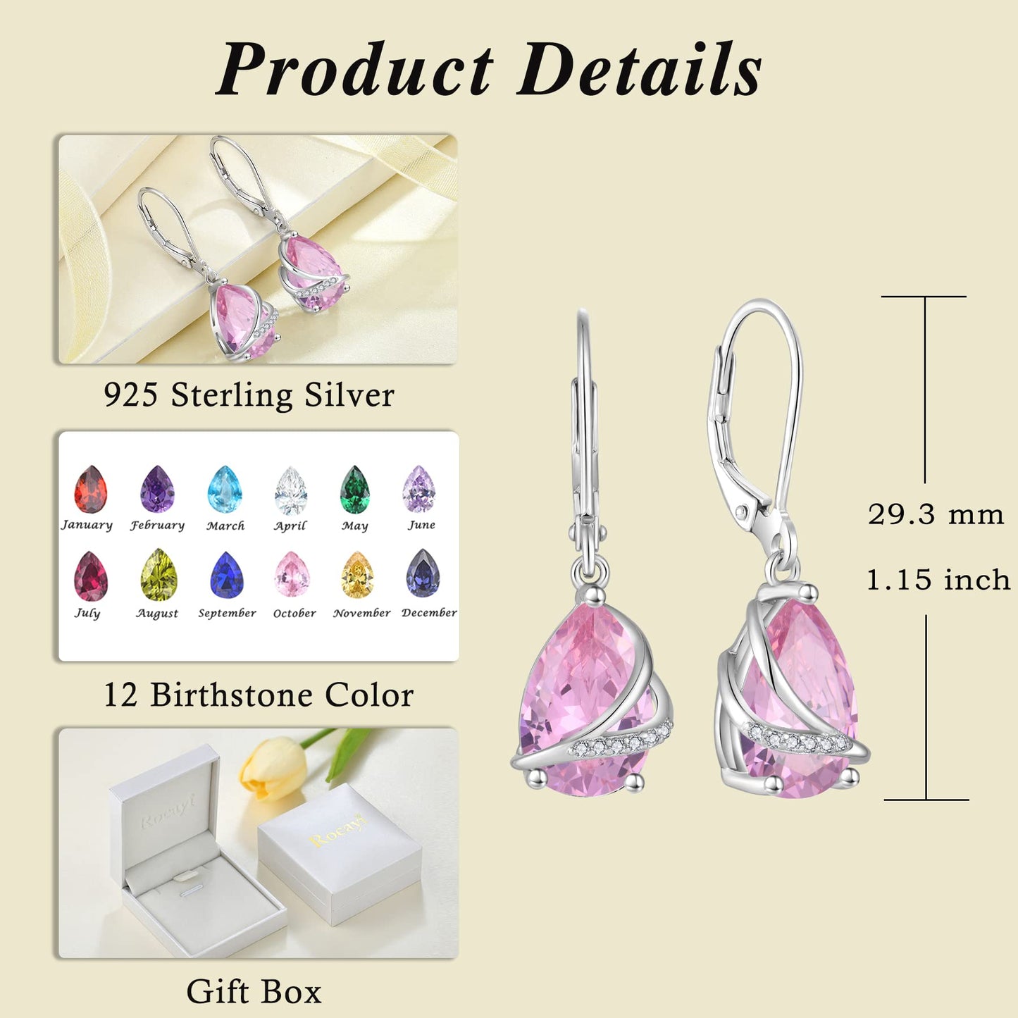 Rocayi October Birthstone Dangle Drop Earrings for Women 925 Sterling Silver Pink Tourmaline Earrings Teardrop Leverback Jewelry Gifts for Wife Girlfriend Mother Daughter Her