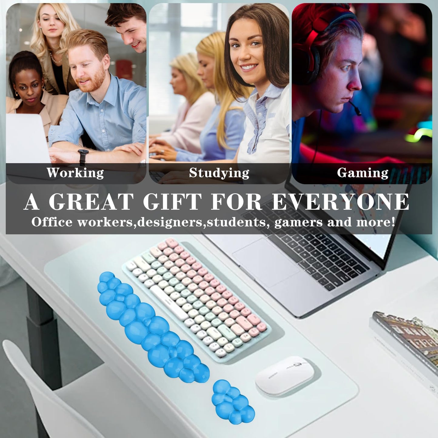 Gel Cloud Keyboard and Mouse Wrist Rest, Cute Wrist Support and Arm Support Keyboard Rest for Keyboard and Mouse Typing Pain Relief,Suitable for Office/Computer/Laptop/Gaming (Blue)