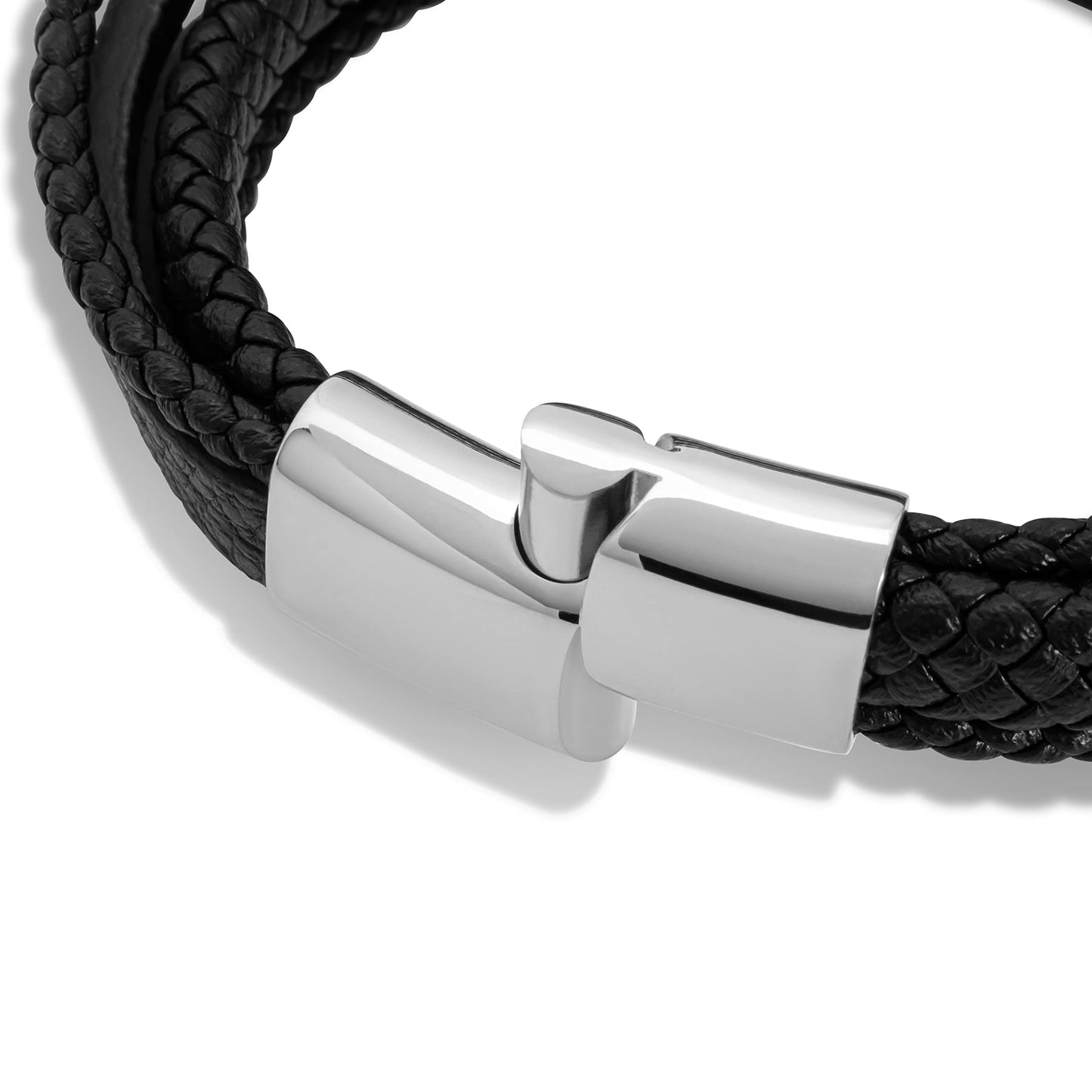 SERASAR Mens Leather Bracelet 17cm Silver Presents Men Gift Box Cowhide Braided Magnetic Clasp Multi Layer Wrap Rope Mans Male Bracelets Band Jewelry Magnet Accessories