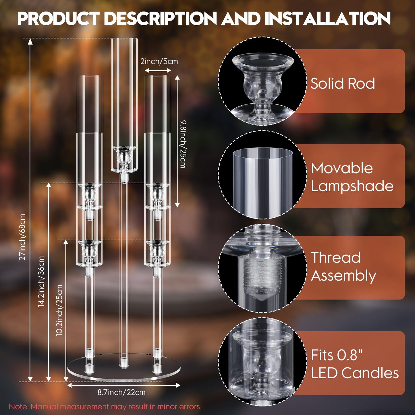 6 Set 5 Arm Acrylic Candelabra Centerpiece, Mjkeomo 27'' Tall Clear Candle Holder for Table, Wedding, Christmas, Fireplace Mantel Decor, Fits 0.82" LED Candles"