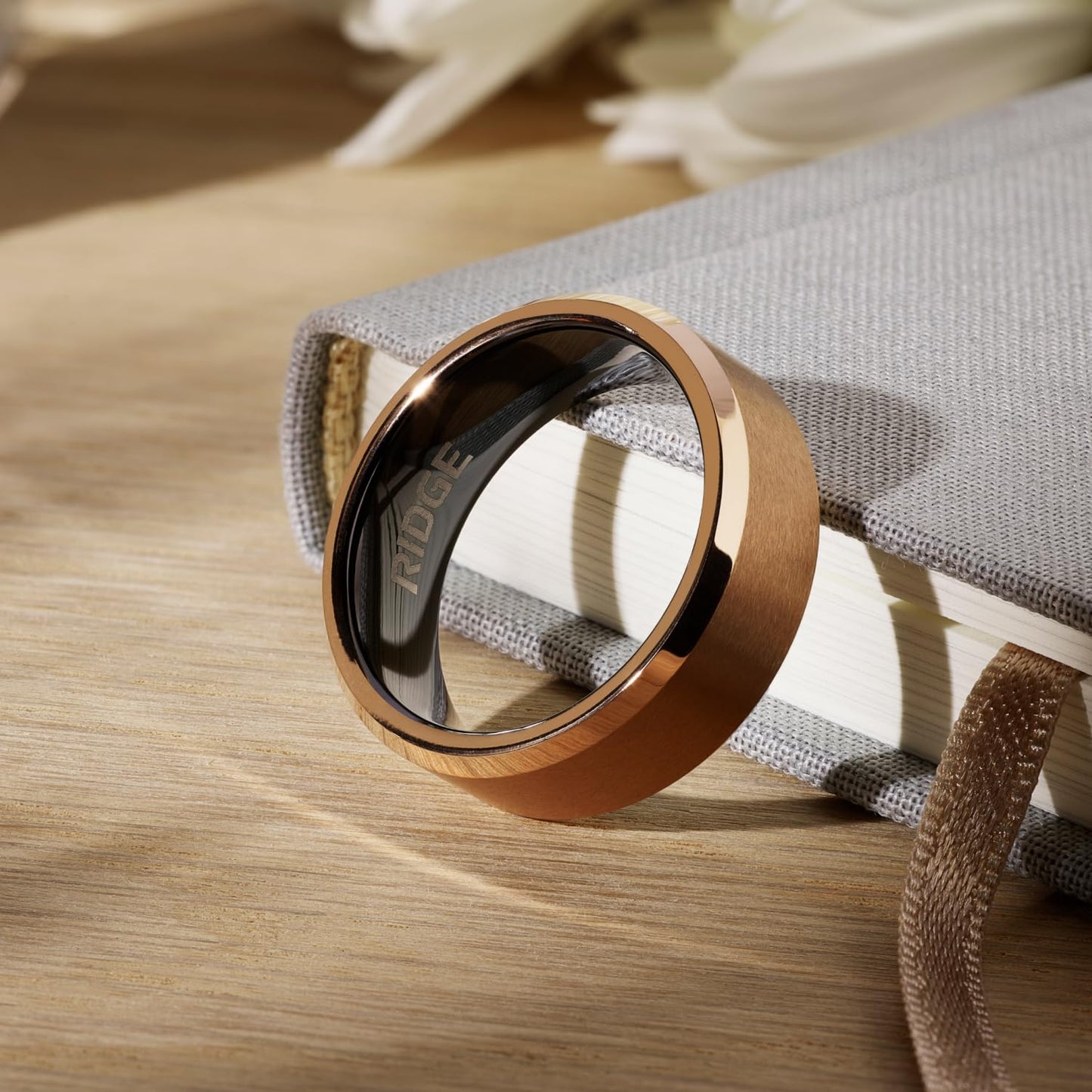 Ridge Beveled Ring Set 8mm - 18K Rose Gold - Tungsten - 11