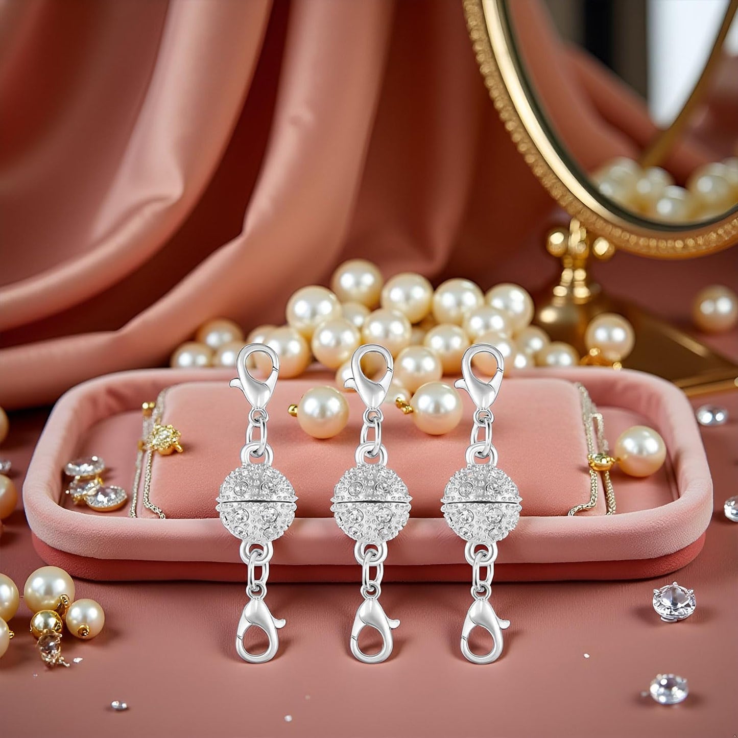 Magnetic Necklace Clasps, 18K Gold and Silver, Crystal Rhinestone Ball Connector with Lobster Clasp, Jewelry Extender for Necklaces, Bracelets (12pcs Golden Silvery)
