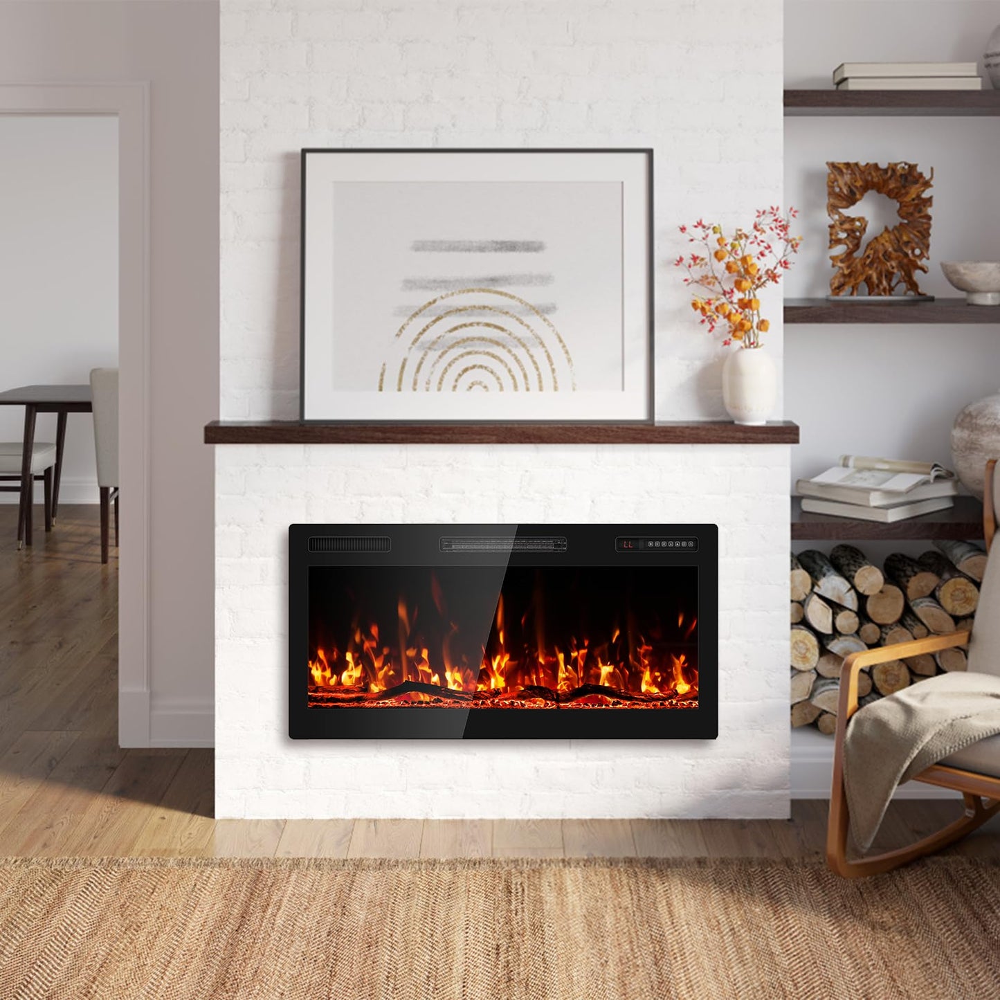BREEZEHEAT 36 Inch Electric Fireplace Recessed and Wall Mounted, Ultra Slim Linear Fireplace Heater 750/1500W w/Log, 12 Flame Colors, Lower Noise, 8H Timer