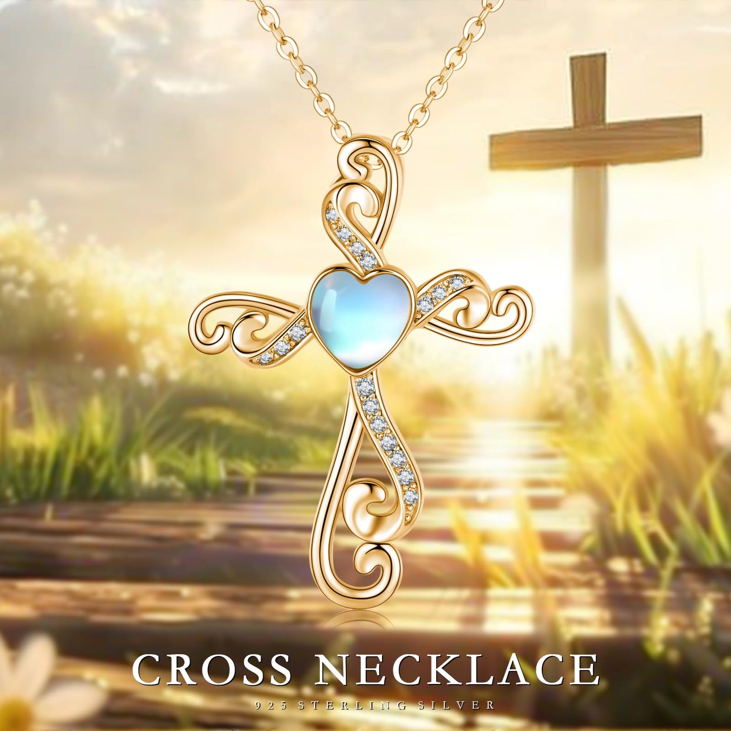 Twoowl 14K Gold Plated Cross Necklace 925 Sterling Silver Moonstone Christian Pendant Religious Cross Jewelry Gifts for Mom Women
