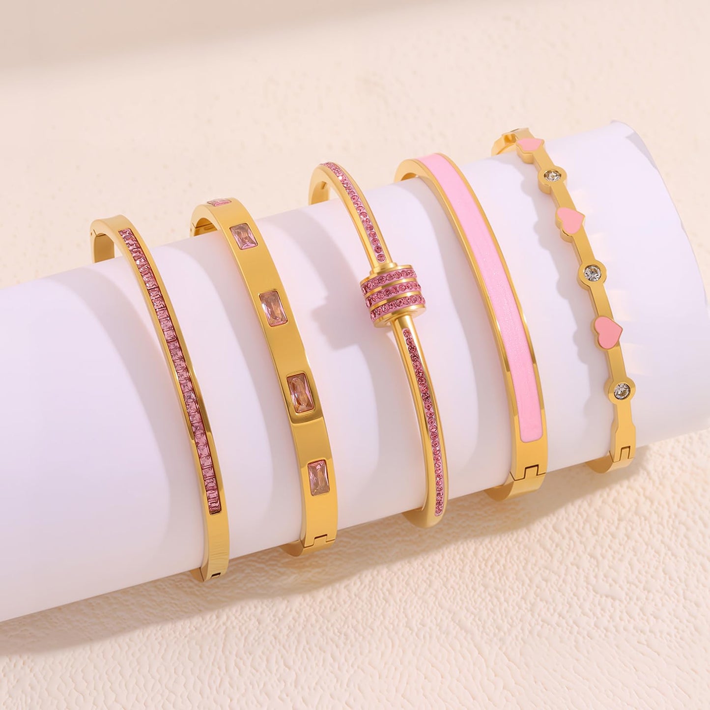 Camhanno 18K Gold Plated Stainless Steel 5-Piece Gold Bangle Bracelet Set for Women - Pink Crystal Friendship & Love Heart Design, Stackable Bangles Jewelry - Ideal Birthday Gift for Women (Pink)