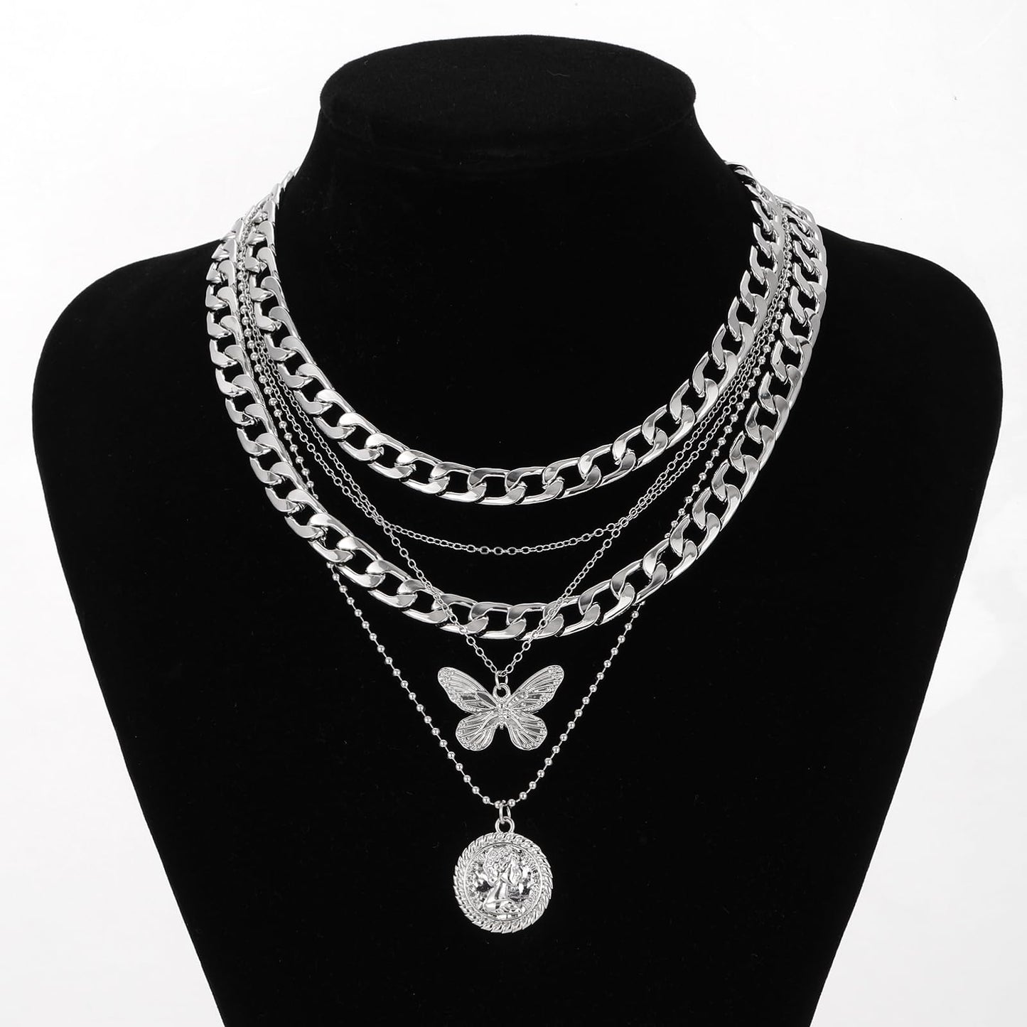 MJartoria Gold Layered Necklaces for Women Trendy Retro Coin Pendant Necklace Dainty Chunky Chain Choker Necklaces for Jewelry Birthday Gifts (Silver, A-X-Butterfly-5 in 1 Layered)