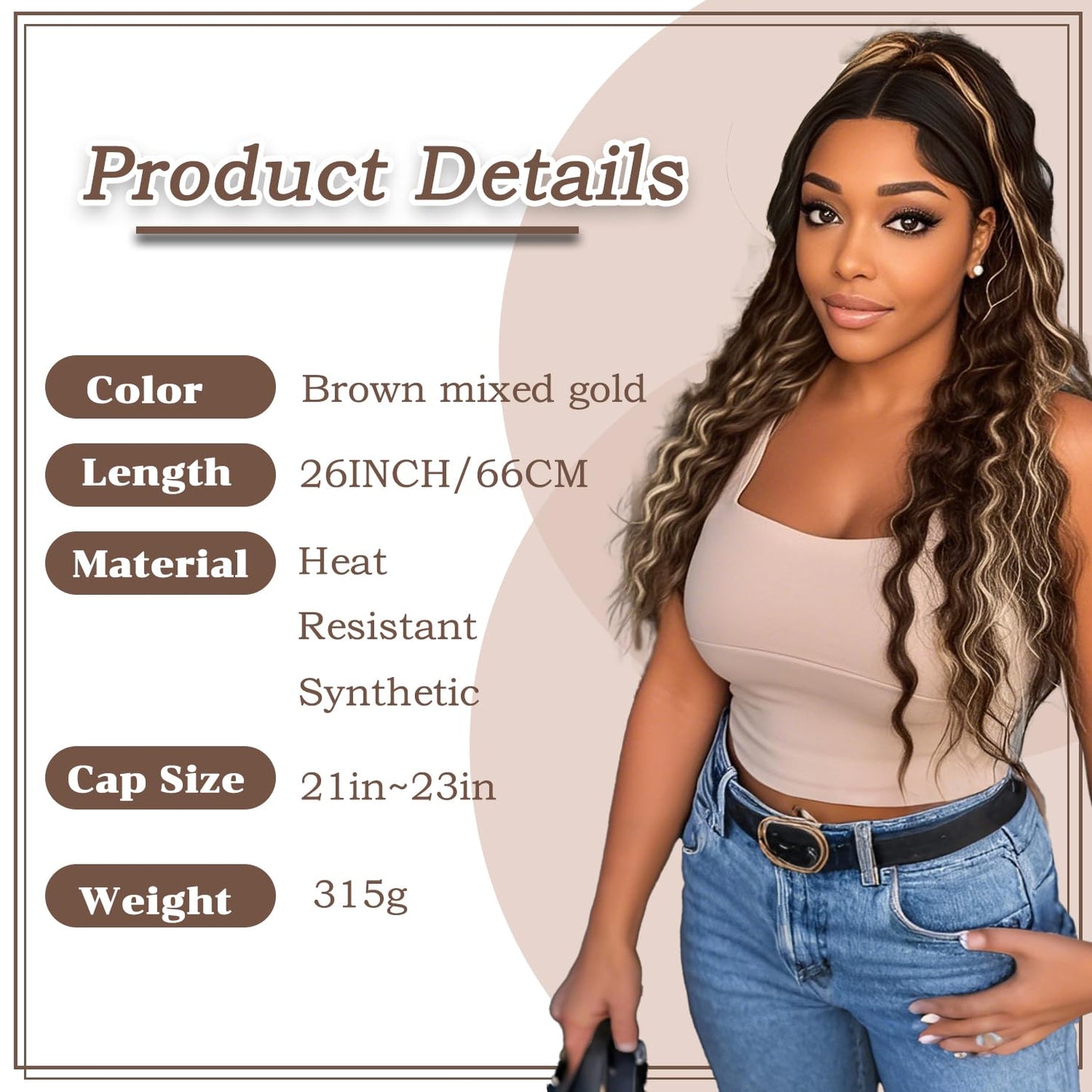 Lace Front curly Synthetic Wig for Women 32 Inch Long Deep Curly Wavy T part HD Transparent Glueless Lace wig Heat Resistant Fiber Pre Plucked Hairline with Baby Hair(Brown highlights)