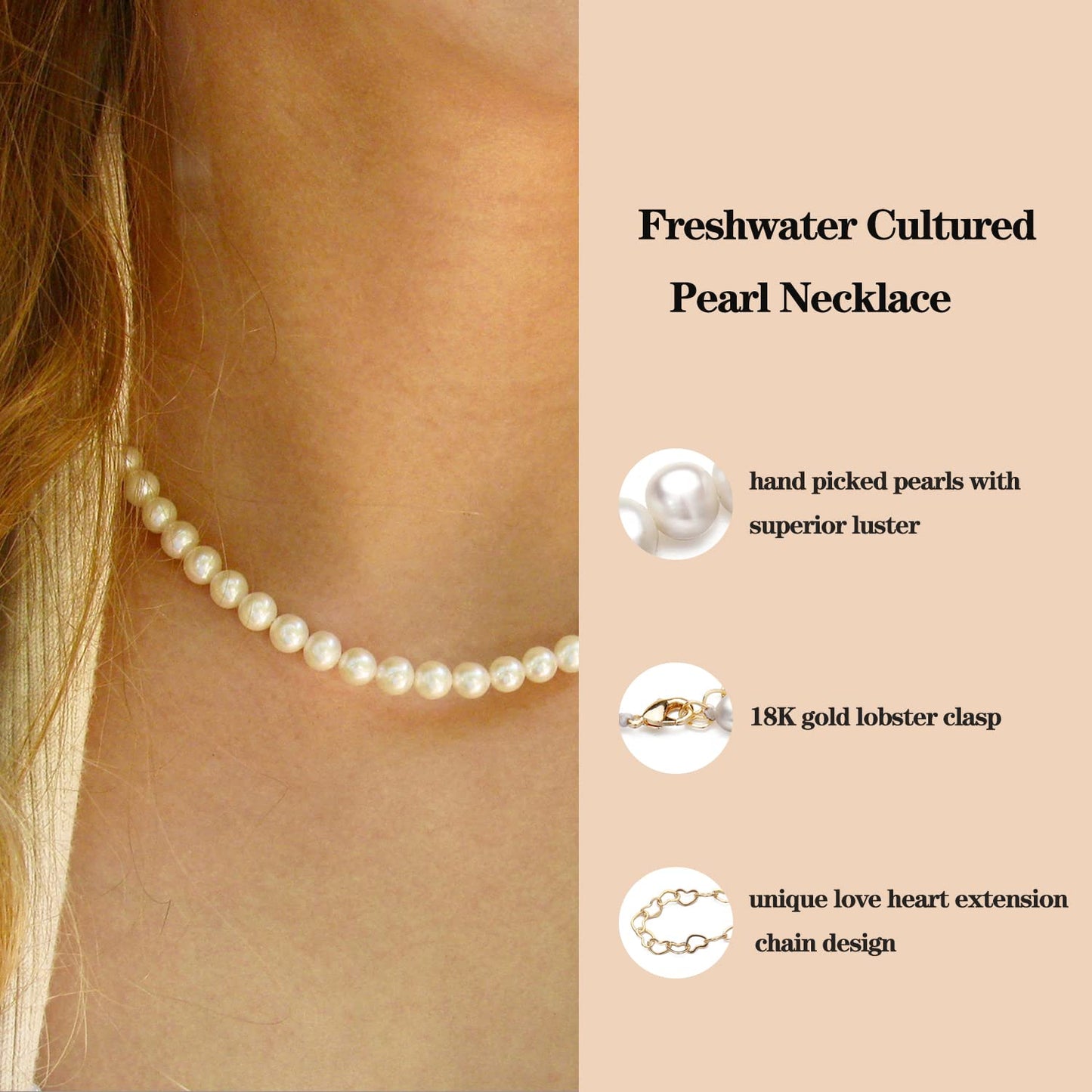 Round White Pearl Necklace for Women Men Dainty Choker Necklace with Charms Brides Jewelry 18 Inches