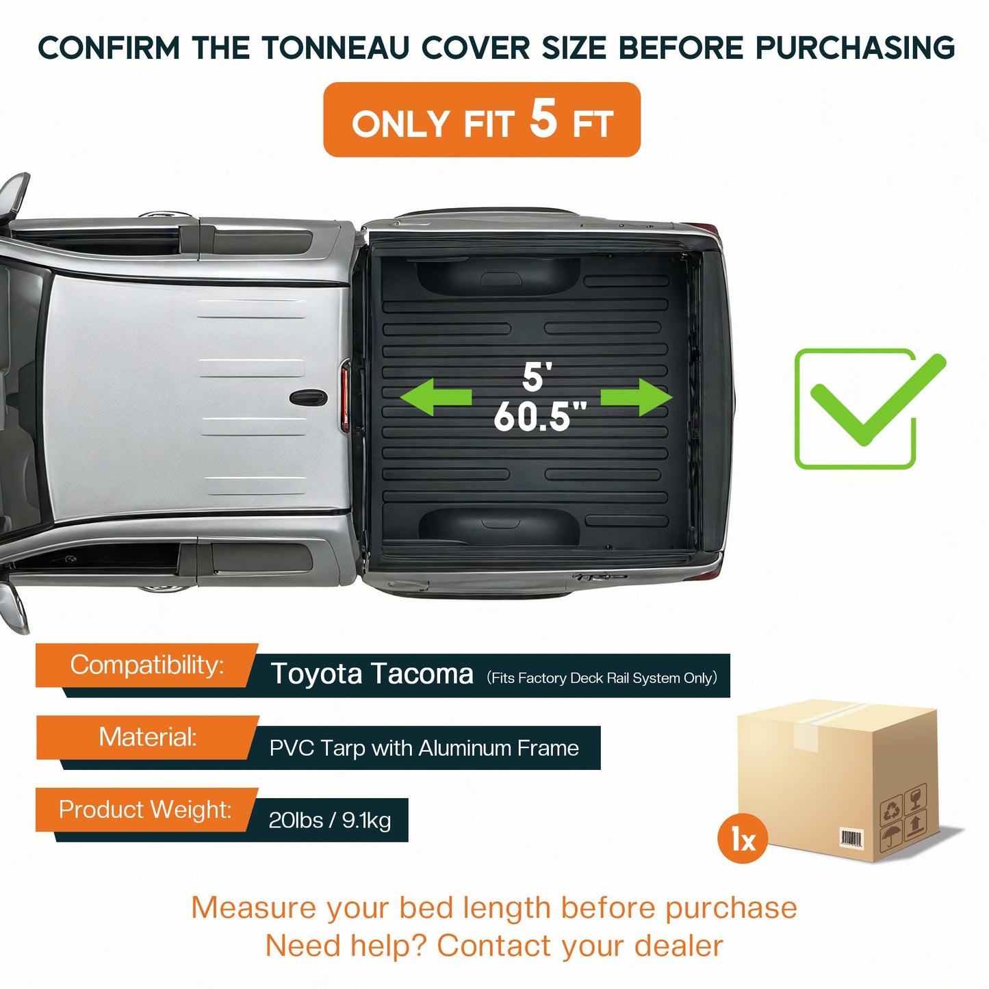 Albott 5 FT Soft Tri-fold Truck Bed Tonneau Cover for 2016-2026 Toyota Tacoma Bed Cover for Trucks (Only Fits Models with Factory Deck Rail System)