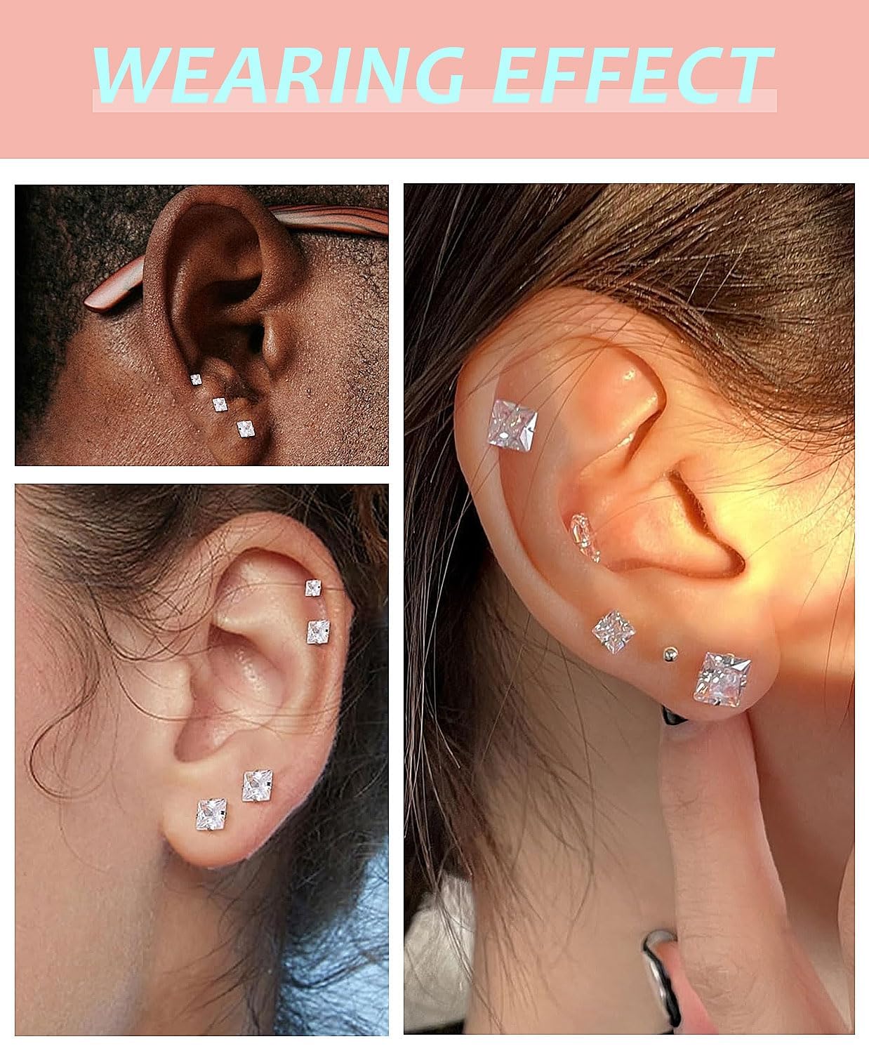 6 Pairs Square Earrings, Princess Cut Earrings Set for Men Women, Hypoallergenic Surgical Steel Silver Clear Cubic Zirconia Stud Earrings for Multiple Piercing Sensitive Ears CZ Size 3-8mm