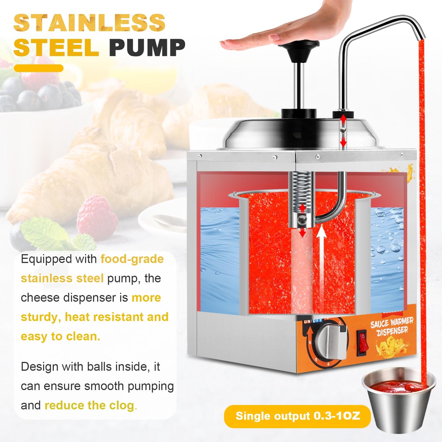 Nacho Cheese Dispenser with Stainless Pump, 2.6Quart Nacho Cheese Sauce Warmer Hot Fudge Dispenser 86-194℉ Insulated Pump Dispenser for Cheese Sauce Hot Fudge Butter